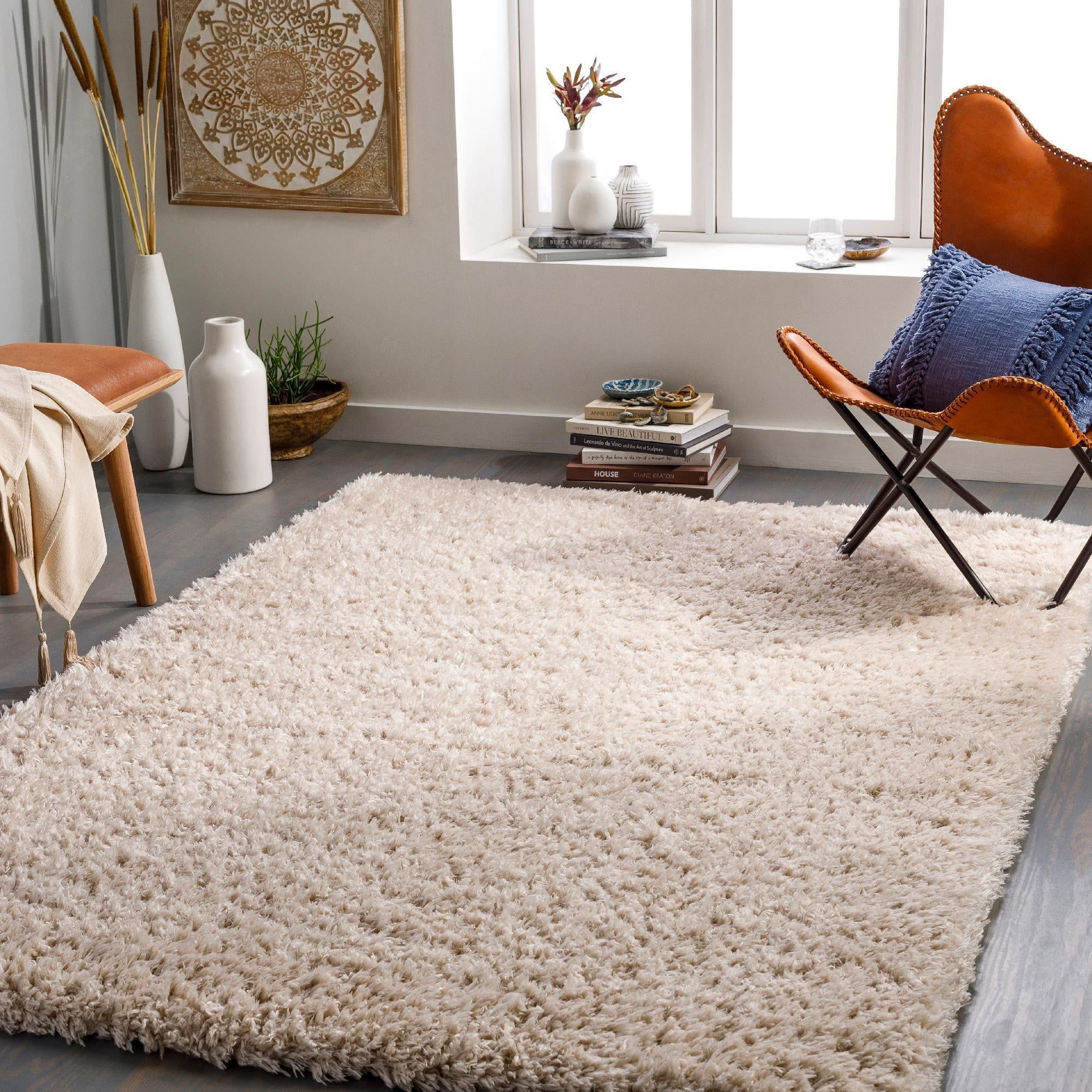 Abraham Beige Synthetic Fur Rectangular Area Rug 3'11" x 5'7"