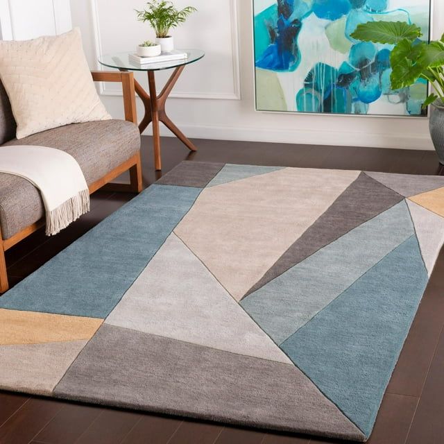 Teal and Gray Wool Handmade Abstract 8' x 10' Area Rug