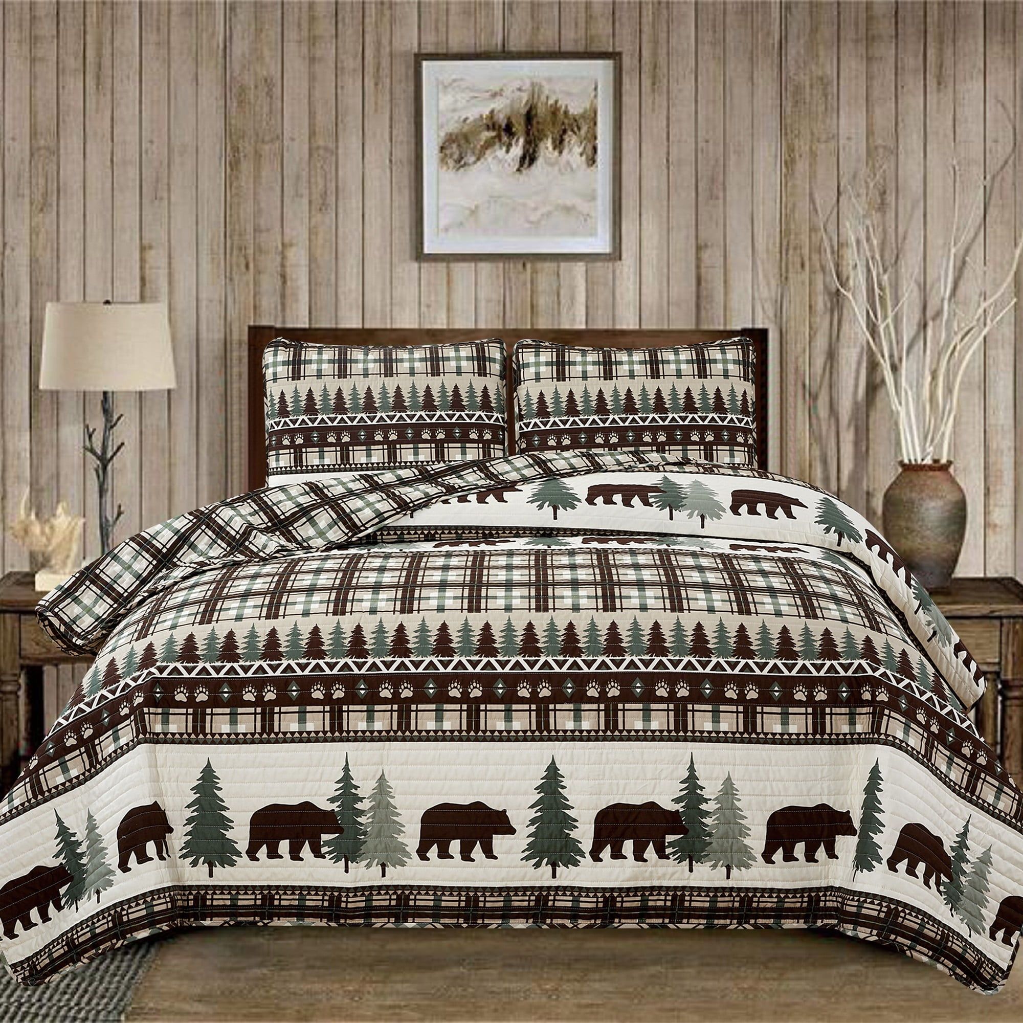 Twin Chocolate and Green Reversible Lodge Plaid Quilt Set