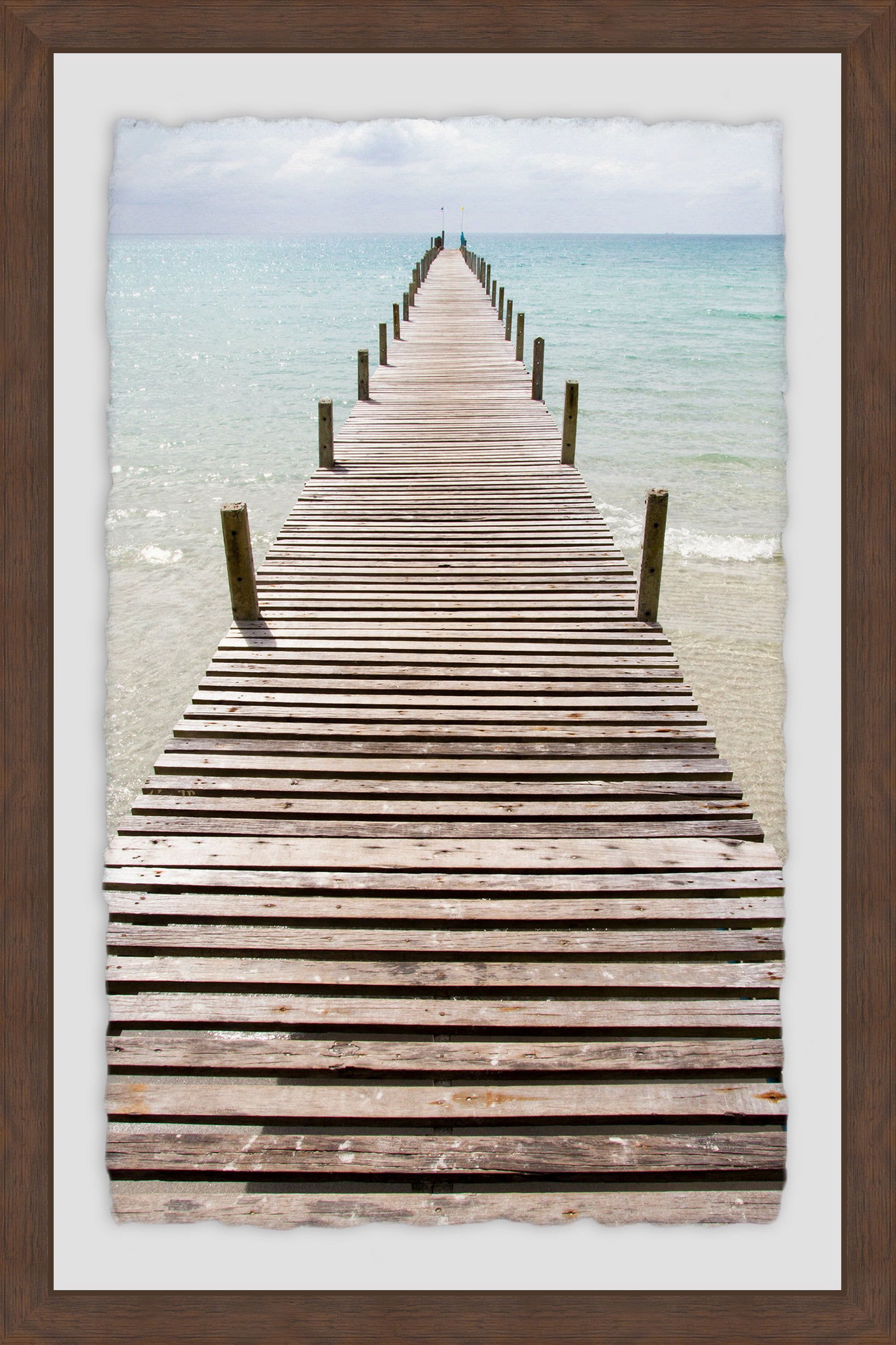 Beach Boardwalk Landscape Canvas Print with Brown Frame