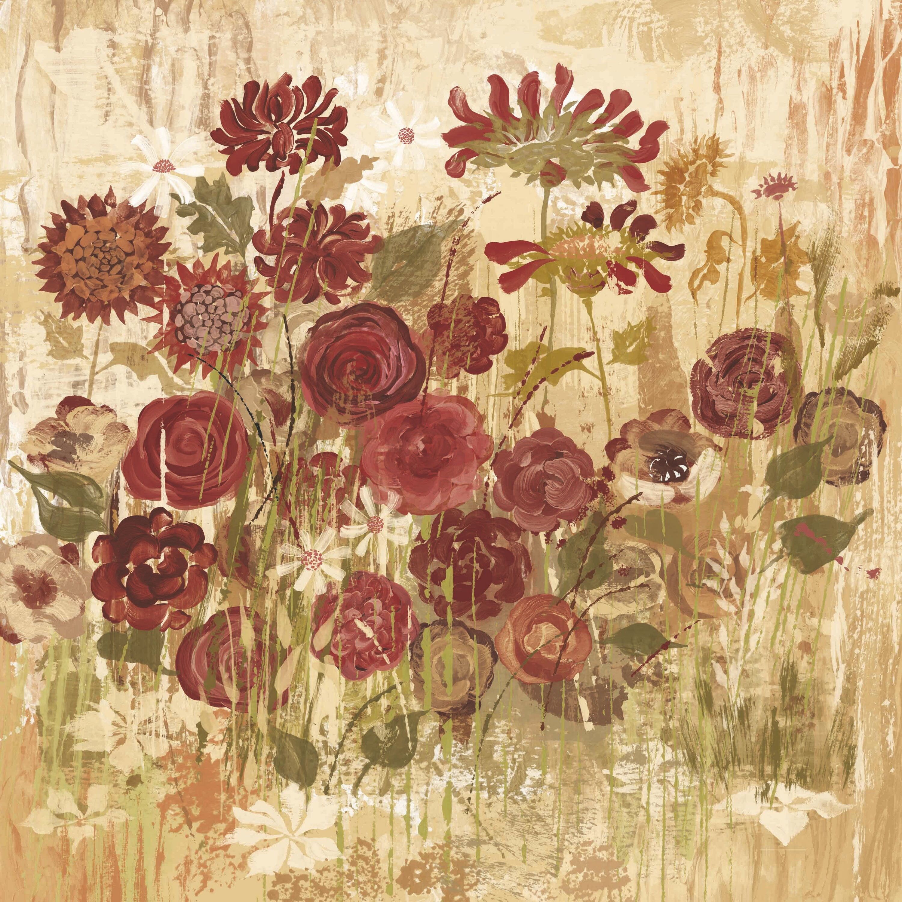 Floral Frenzy Burgundy and Beige Canvas Wall Art, 40 x 40