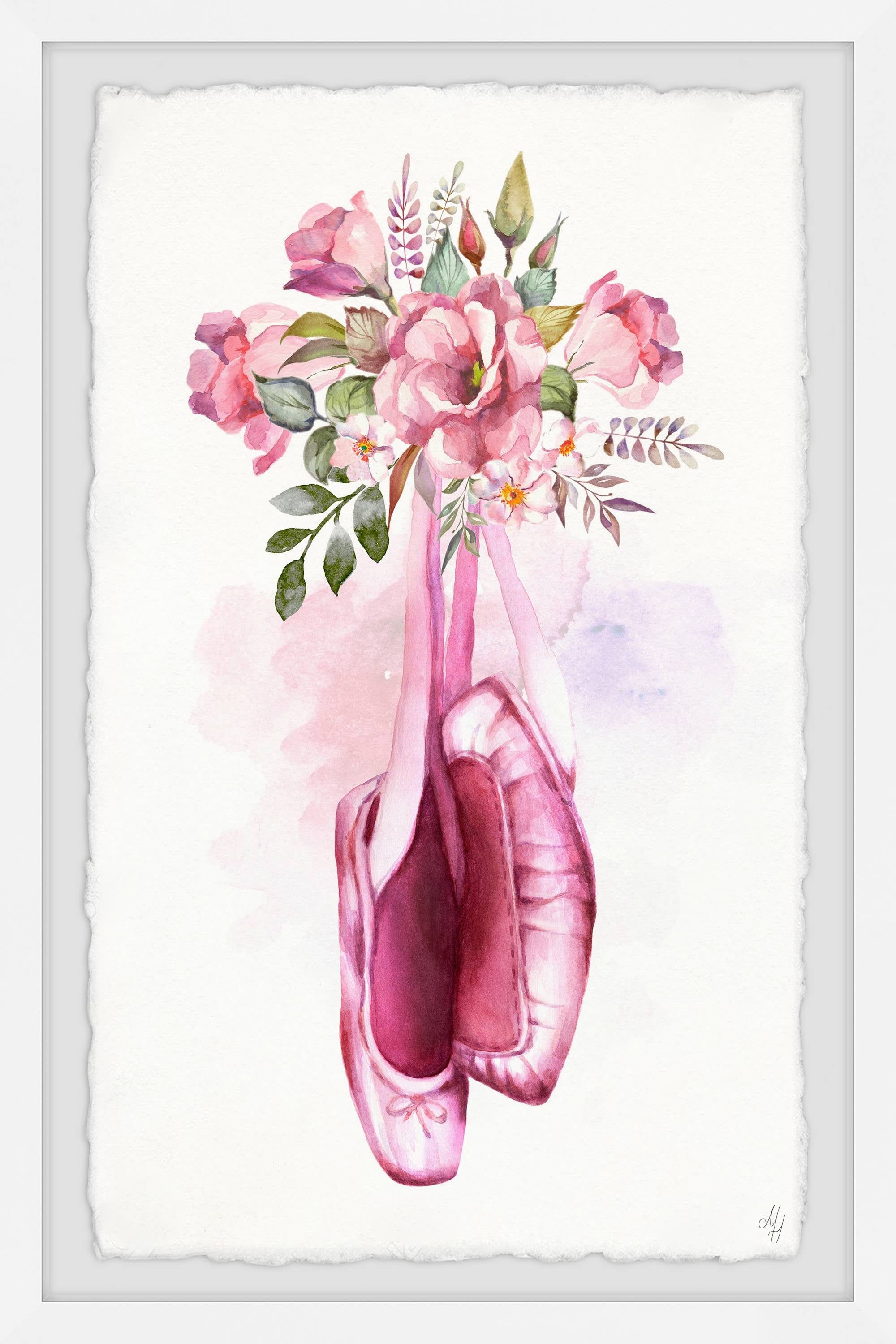 Pink Ballet Shoes and Floral Print in White Frame
