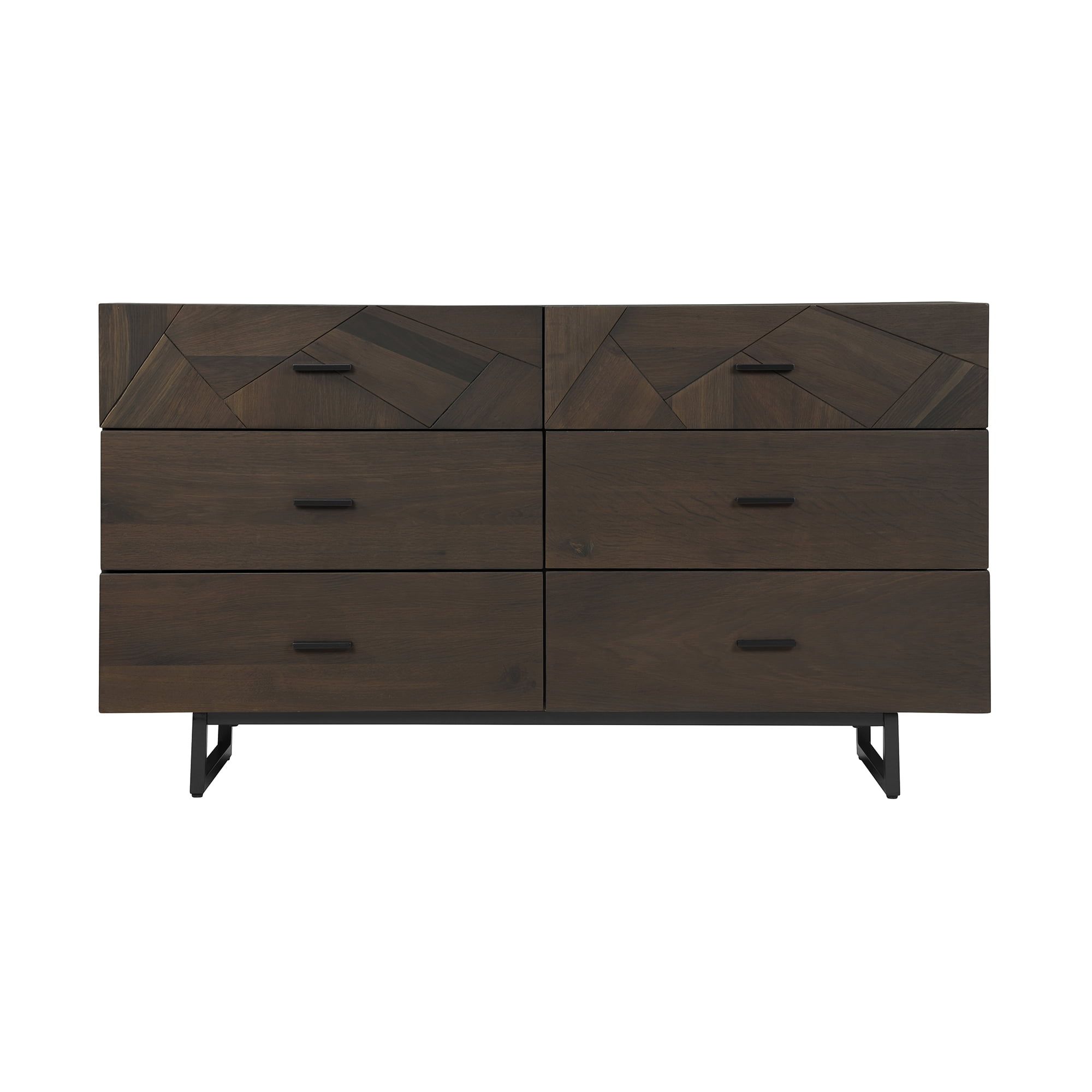 Sleek Oakwood 6-Drawer Dresser with Geometric Black Metal Legs