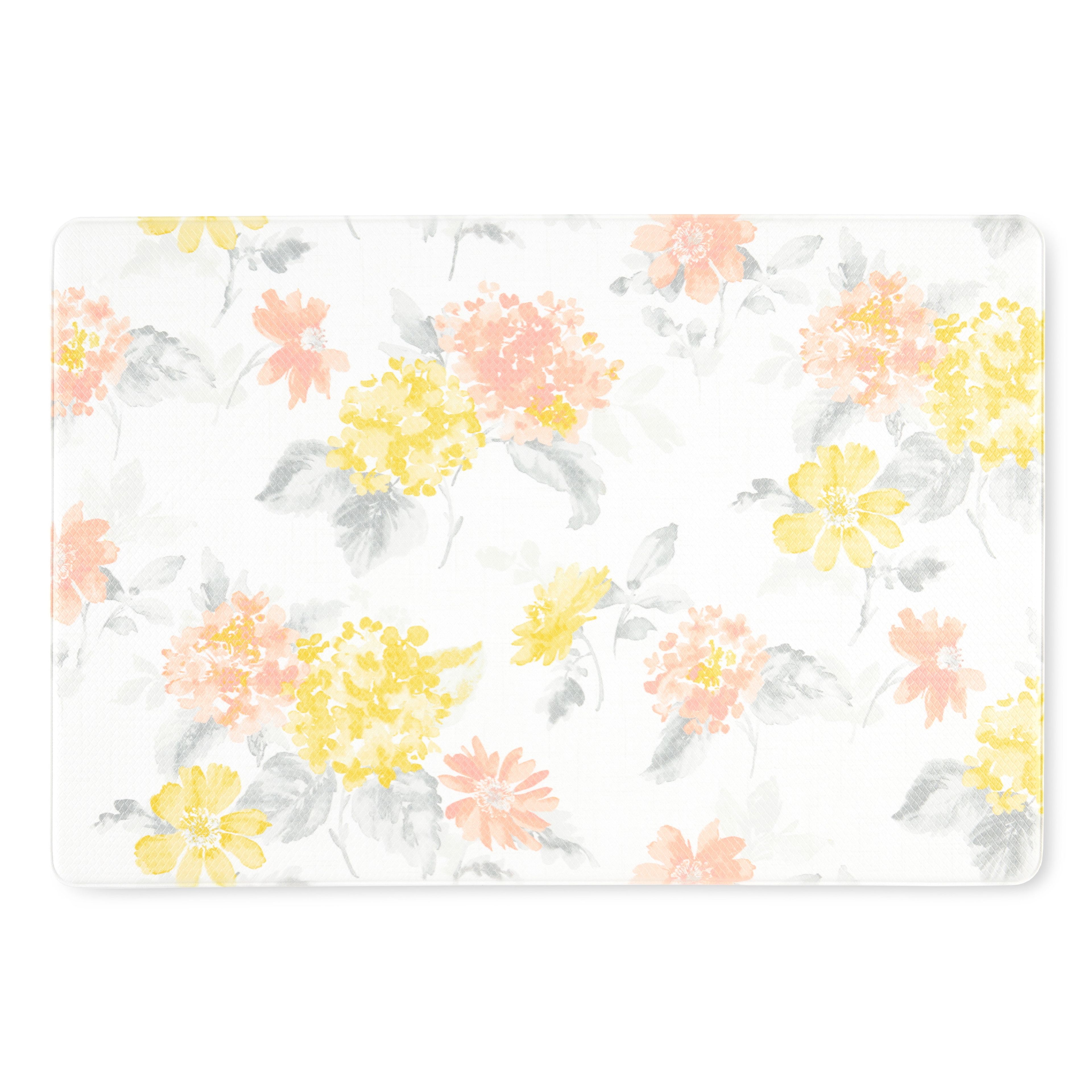 Yellow and Coral Floral Reversible PVC Kitchen Mat, 20"x30"