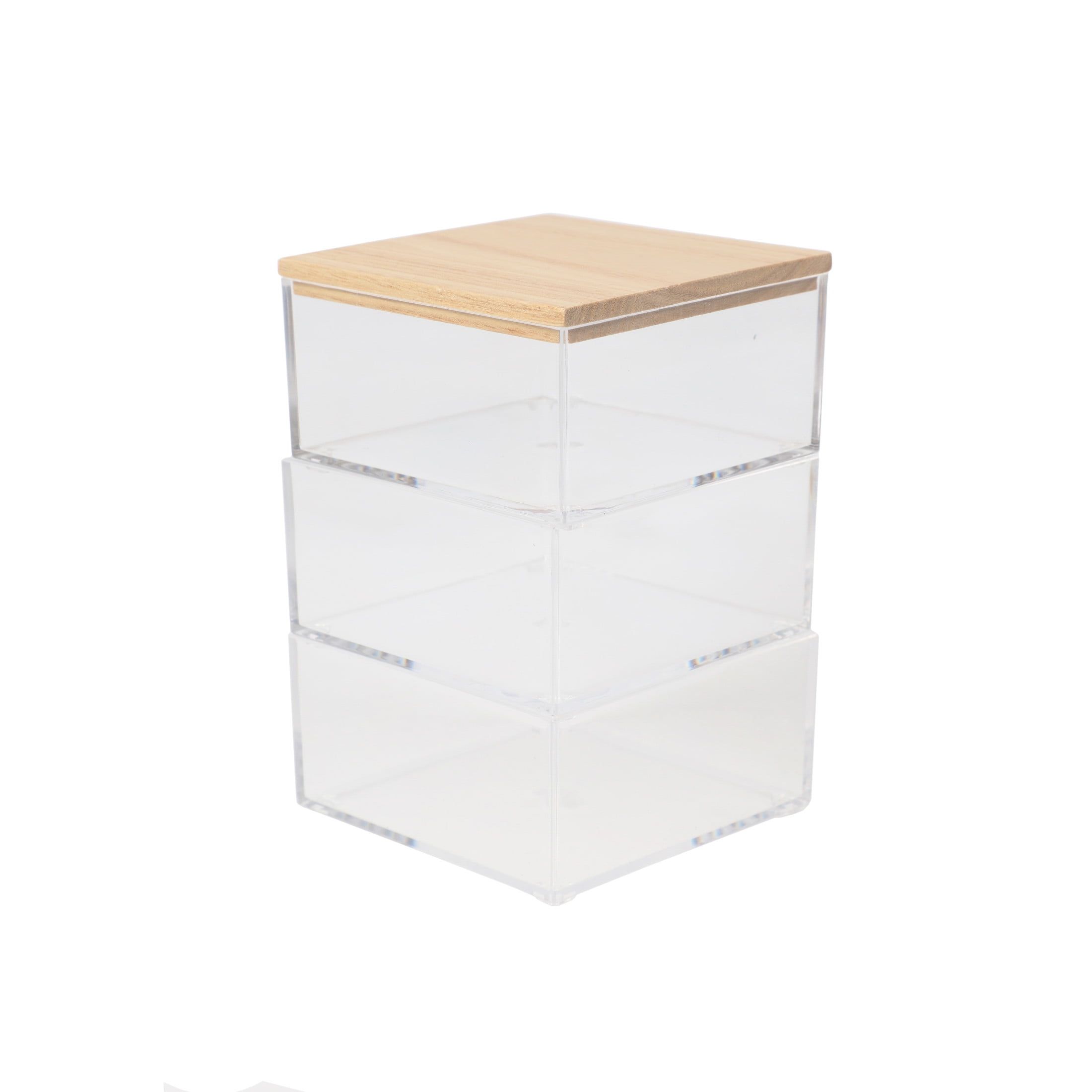 Clear Stackable Plastic Storage Bins with Wooden Lid, 3 Pack