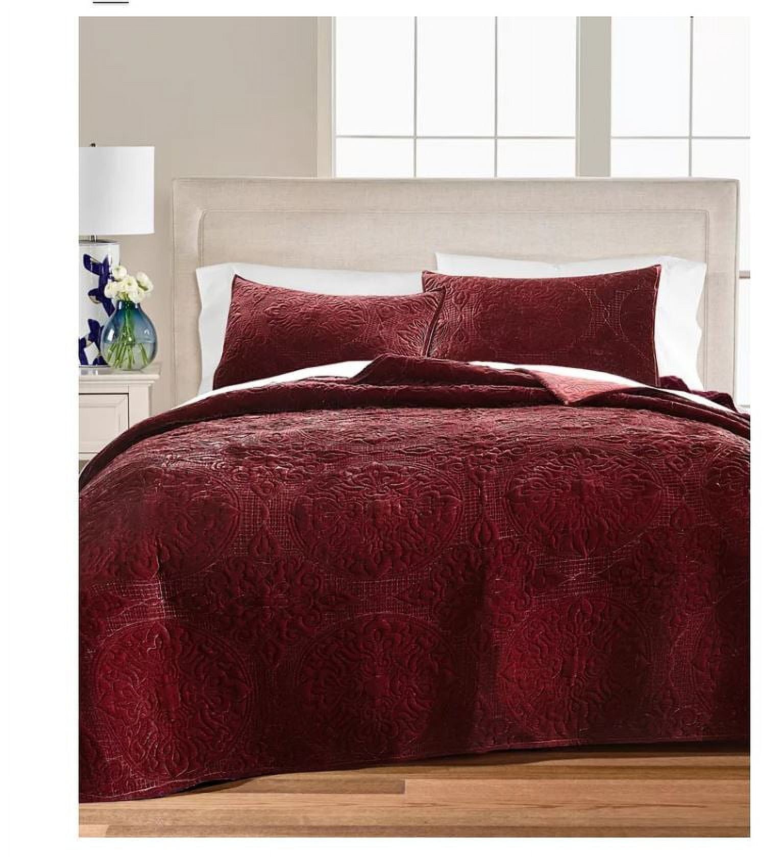 Burgundy Velvet Medallion Twin Quilt with Polyester Fill