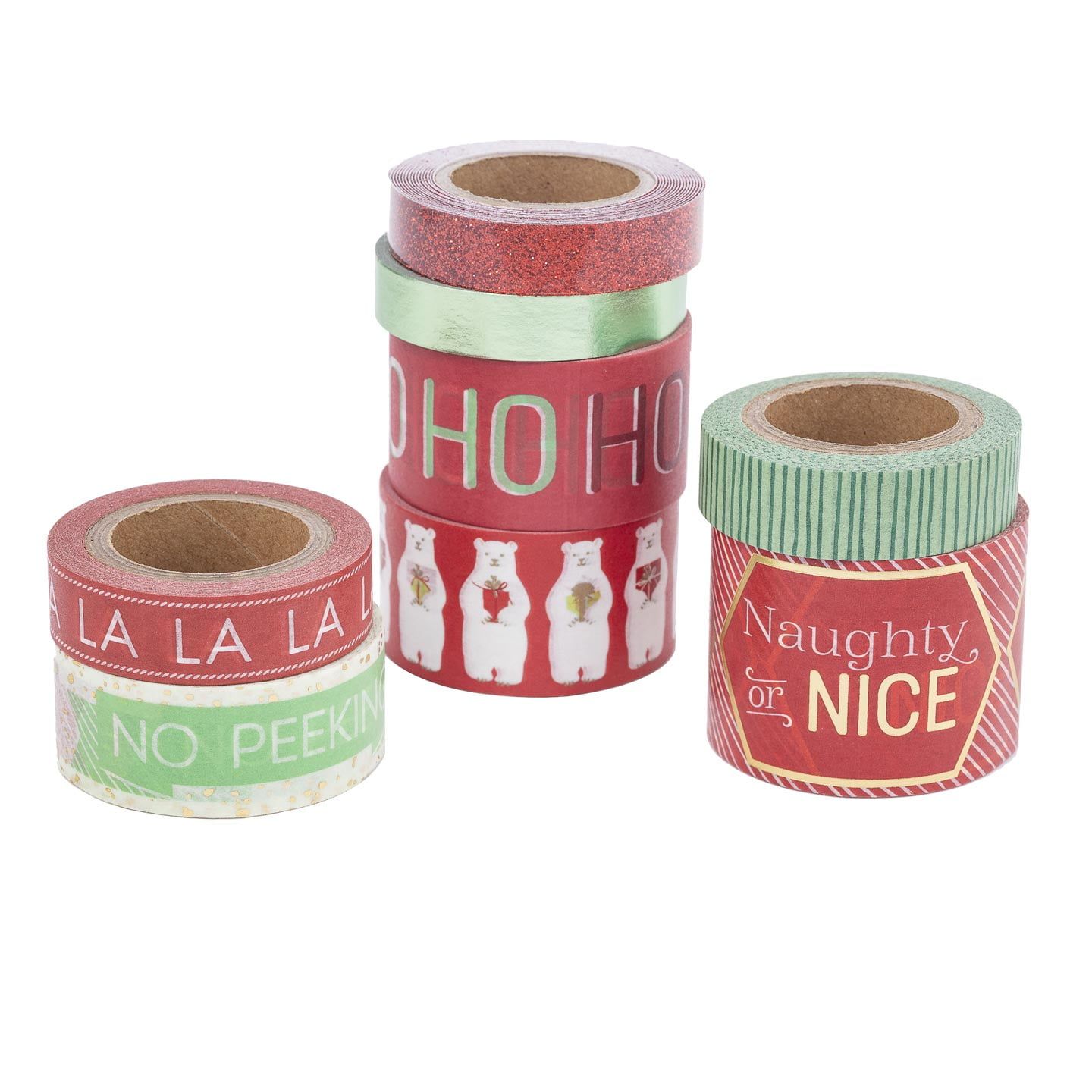 Assorted Christmas Washi Tape Set, Red and Green, 8 Pieces