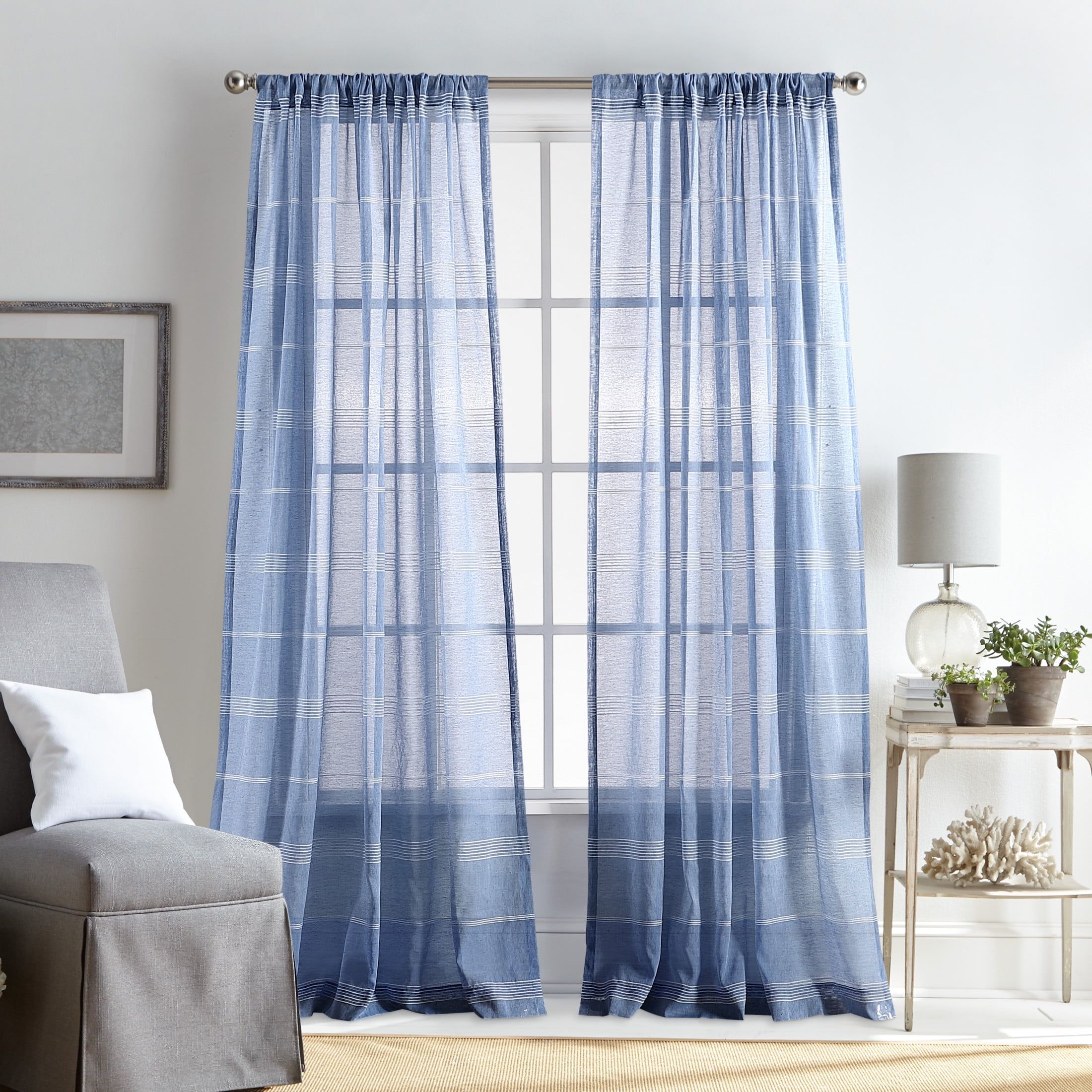 Indigo Sheer Rod Pocket Coastal Curtain Pair 50"x84"