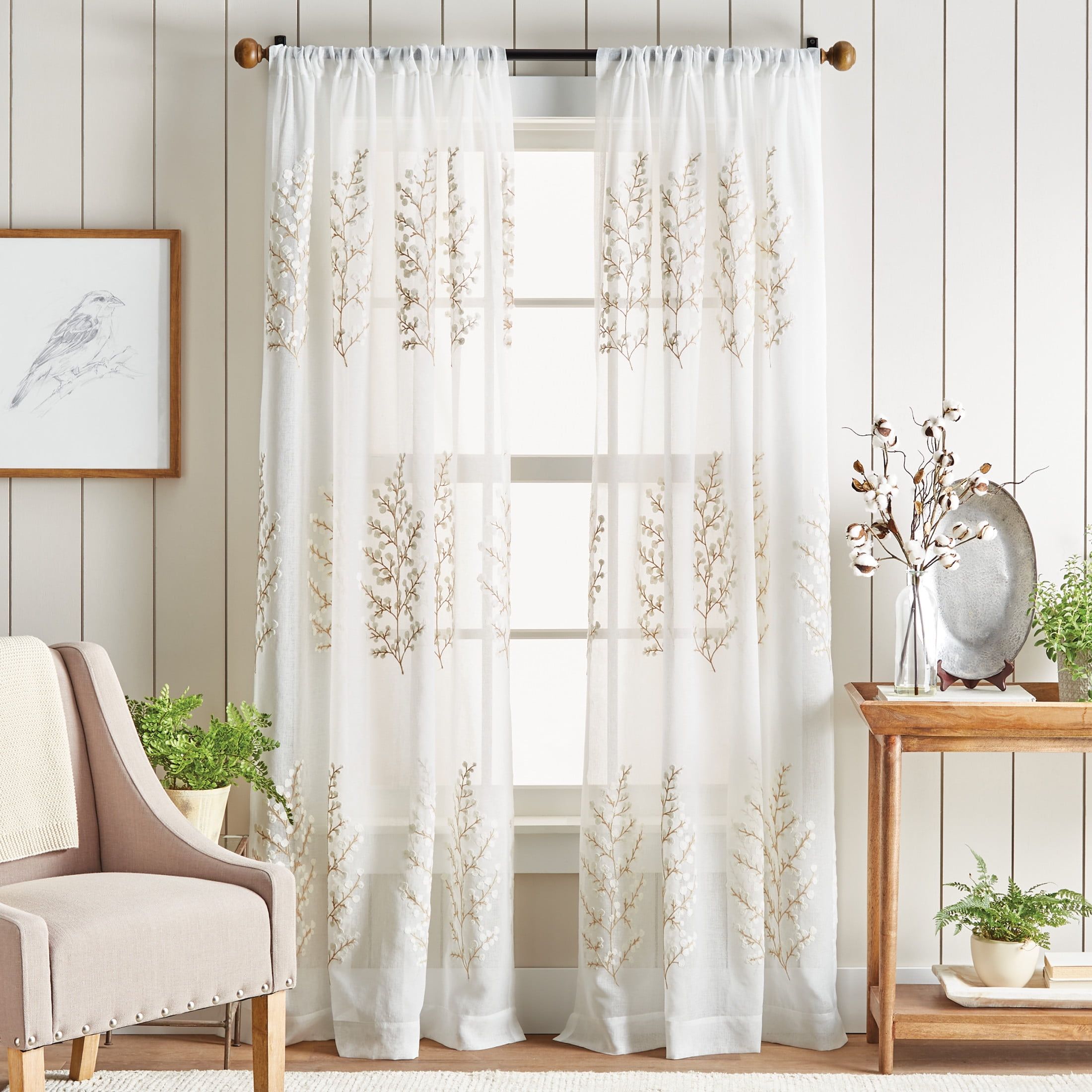 Ivory Floral Embroidered Sheer Rod Pocket Curtain Pair, 84"