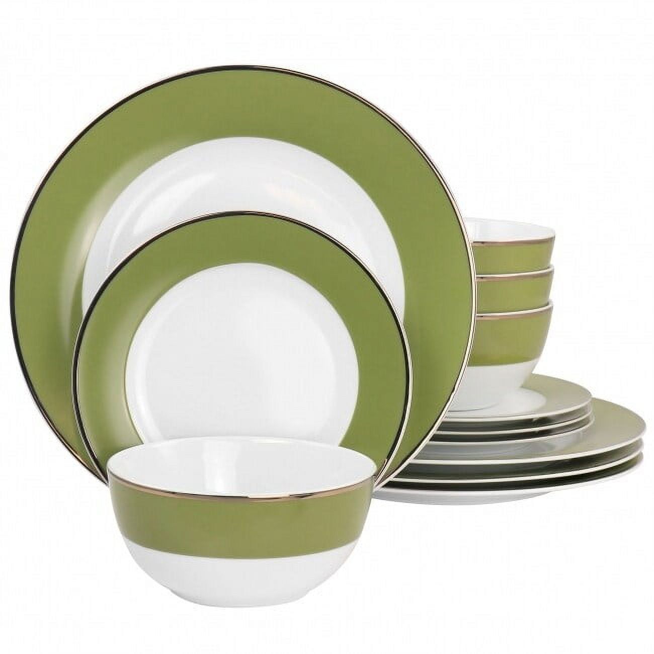 Green and Gold Rimmed 12-Piece Ceramic Dinnerware Set