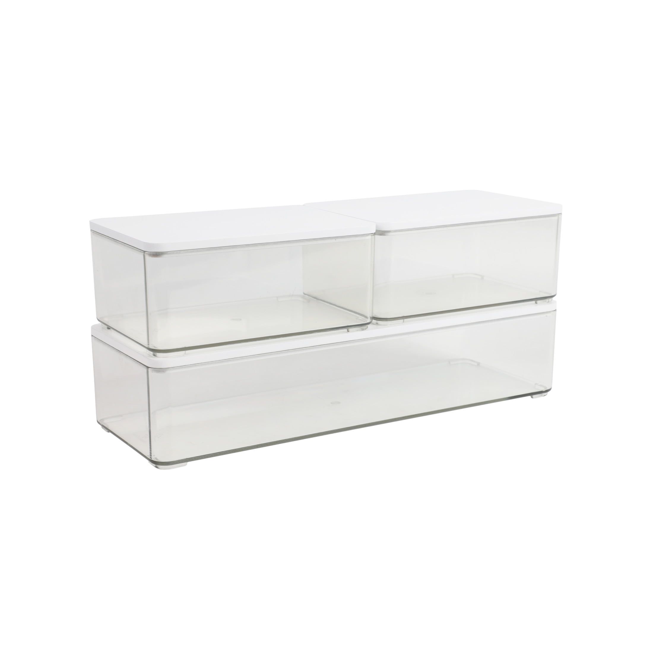 Clear Plastic Stackable Storage Boxes with White Lids, Set of 3