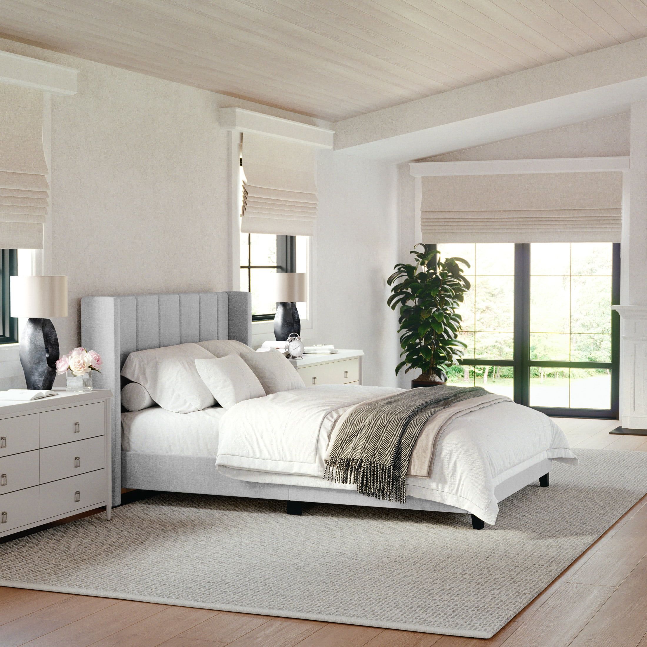 Gray Full Upholstered Platform Bed with Linen Headboard