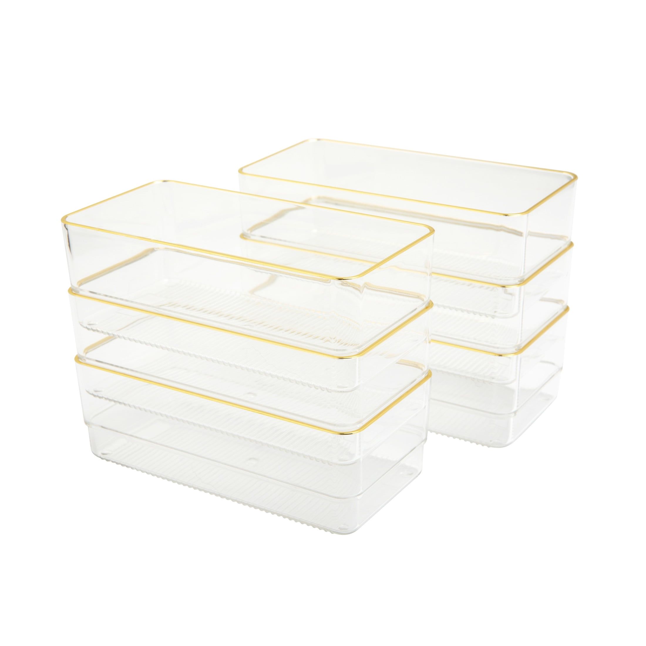 Clear Plastic Stackable Desk Drawer Organizers with Gold Trim, 6 Pack