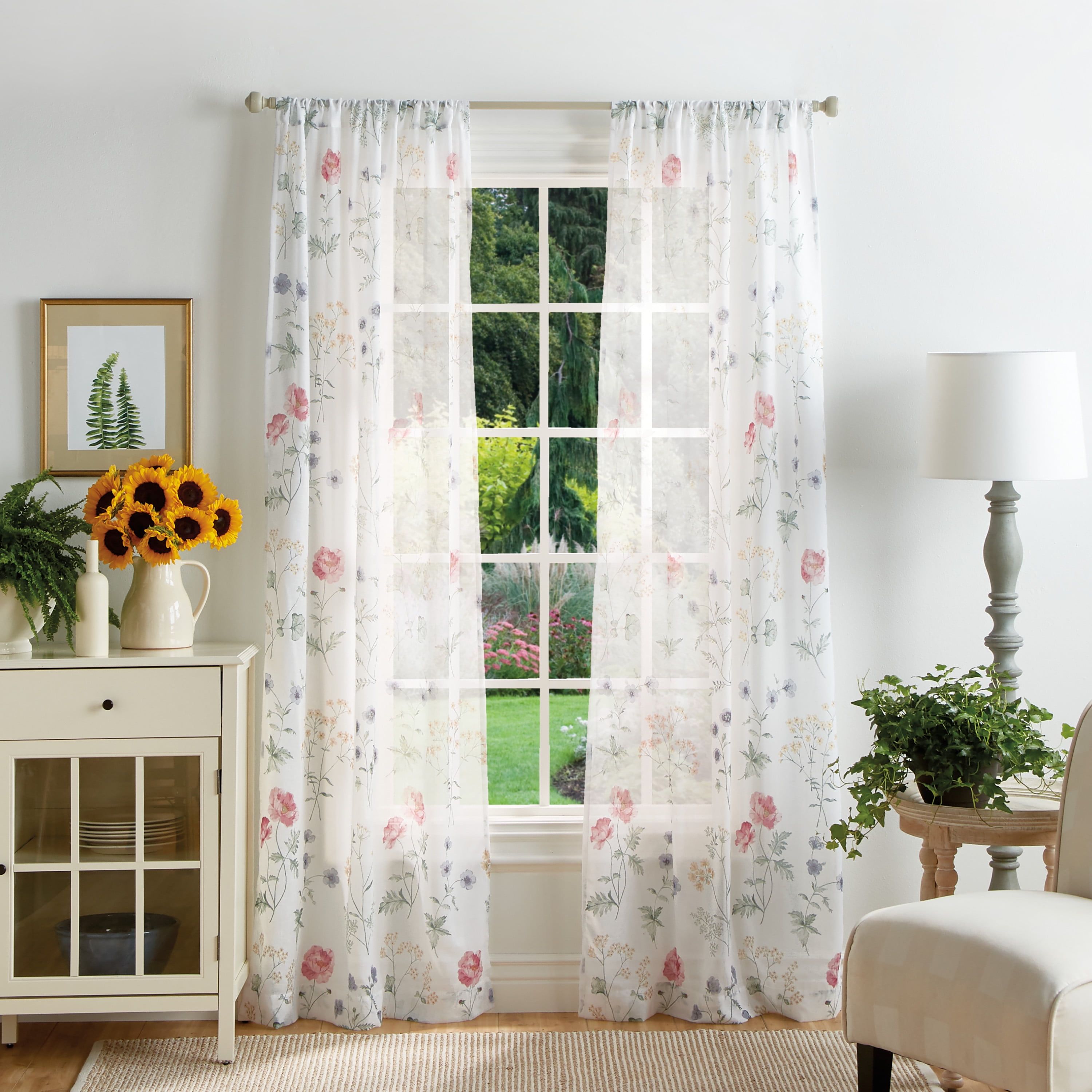 84" Multicolor Floral Semi-Sheer Polyester Curtain Set