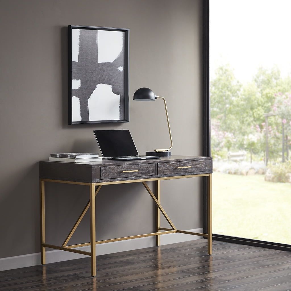 Gray Wood and Gold Metal 2-Drawer Writing Desk