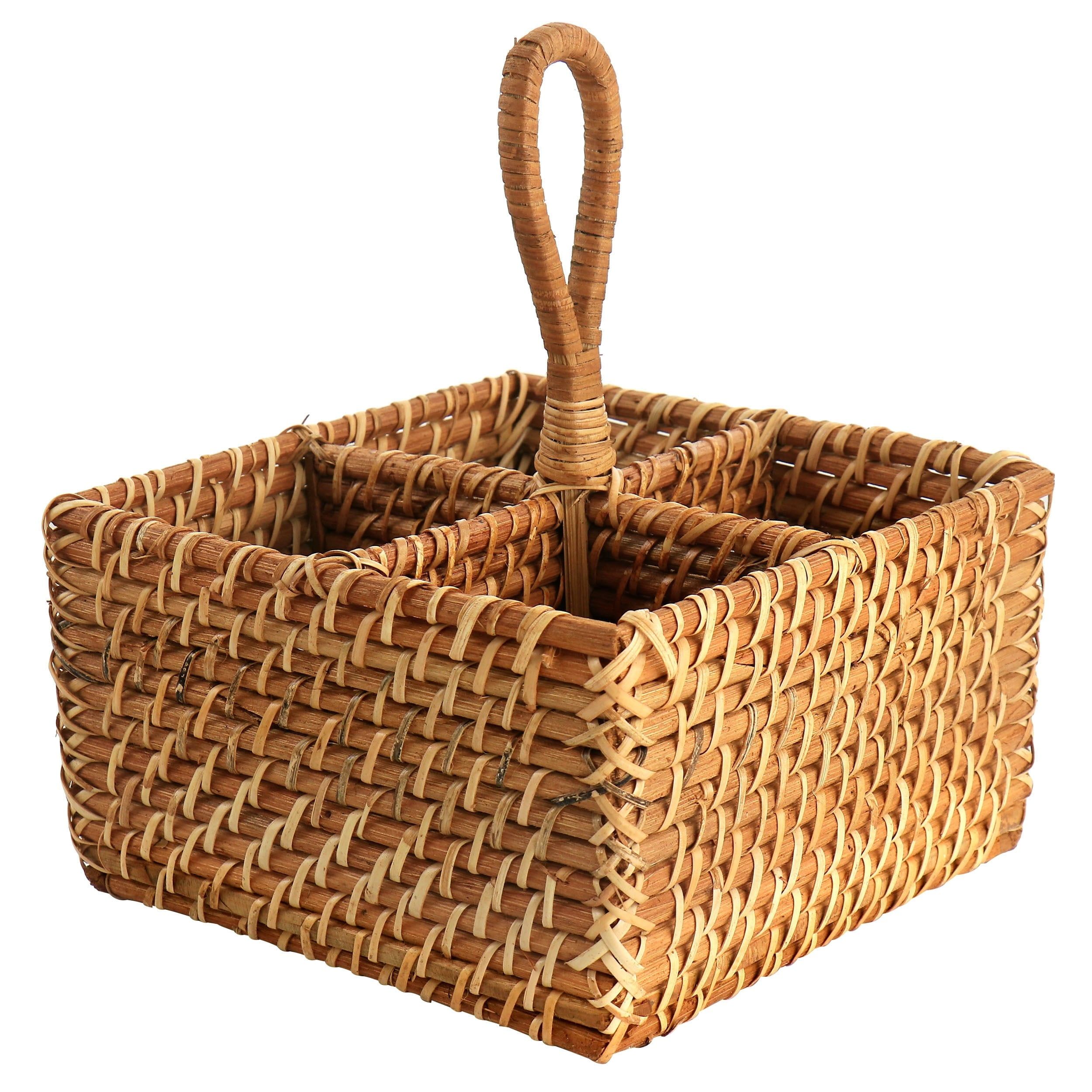 Brown Rattan Woven 4-Section Flatware Caddy with Handle