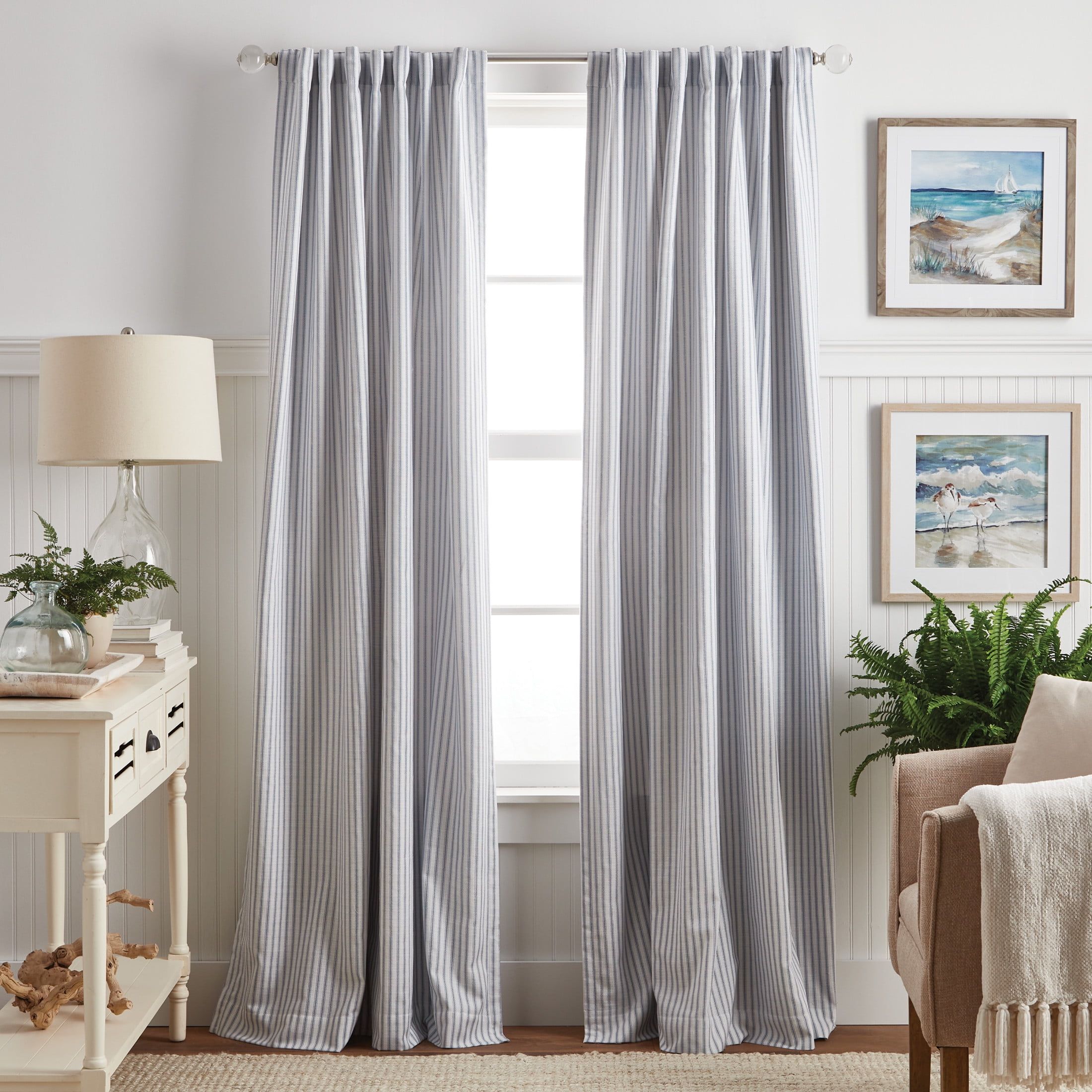 Indigo and Gray Extended Stripe Blackout Cotton Drapes, Set of 2