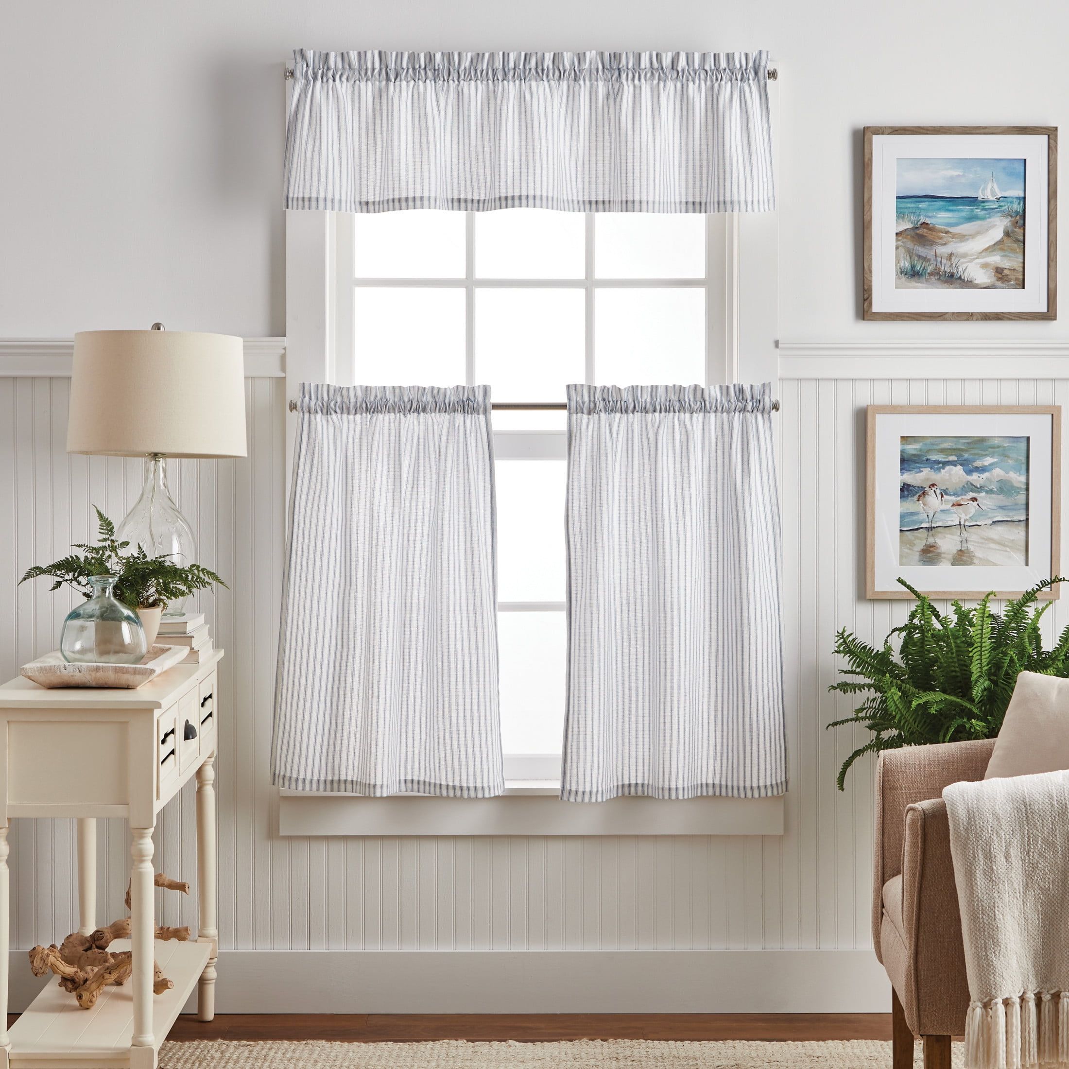 Indigo Ticking Stripe Cotton Blend Valance and Tier Curtain Set