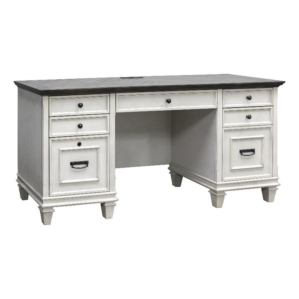 Hartford White Wood Credenza Desk with Hutch and Power Outlet