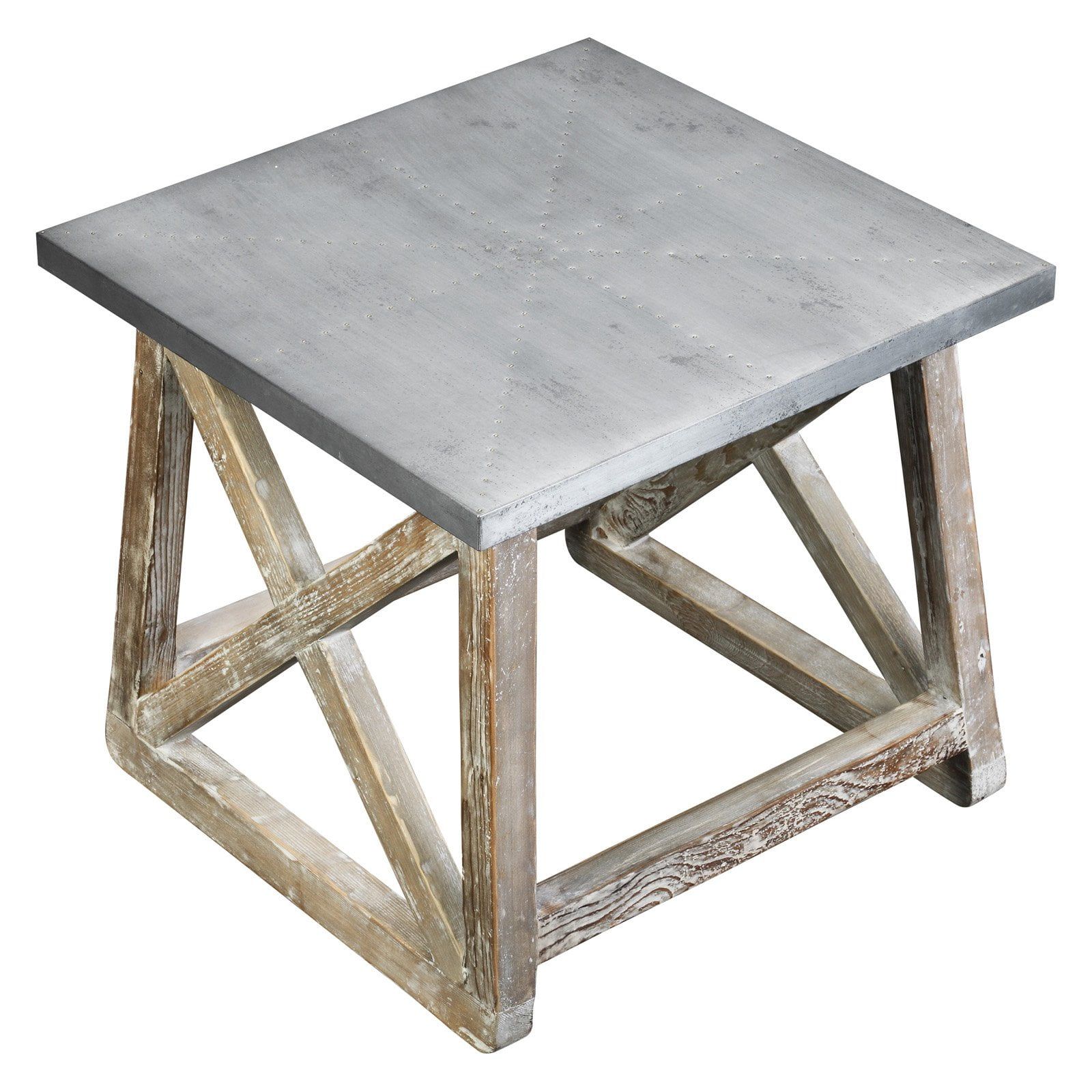 Farmhouse Charm Reclaimed Pine & Zinc Top Side Table