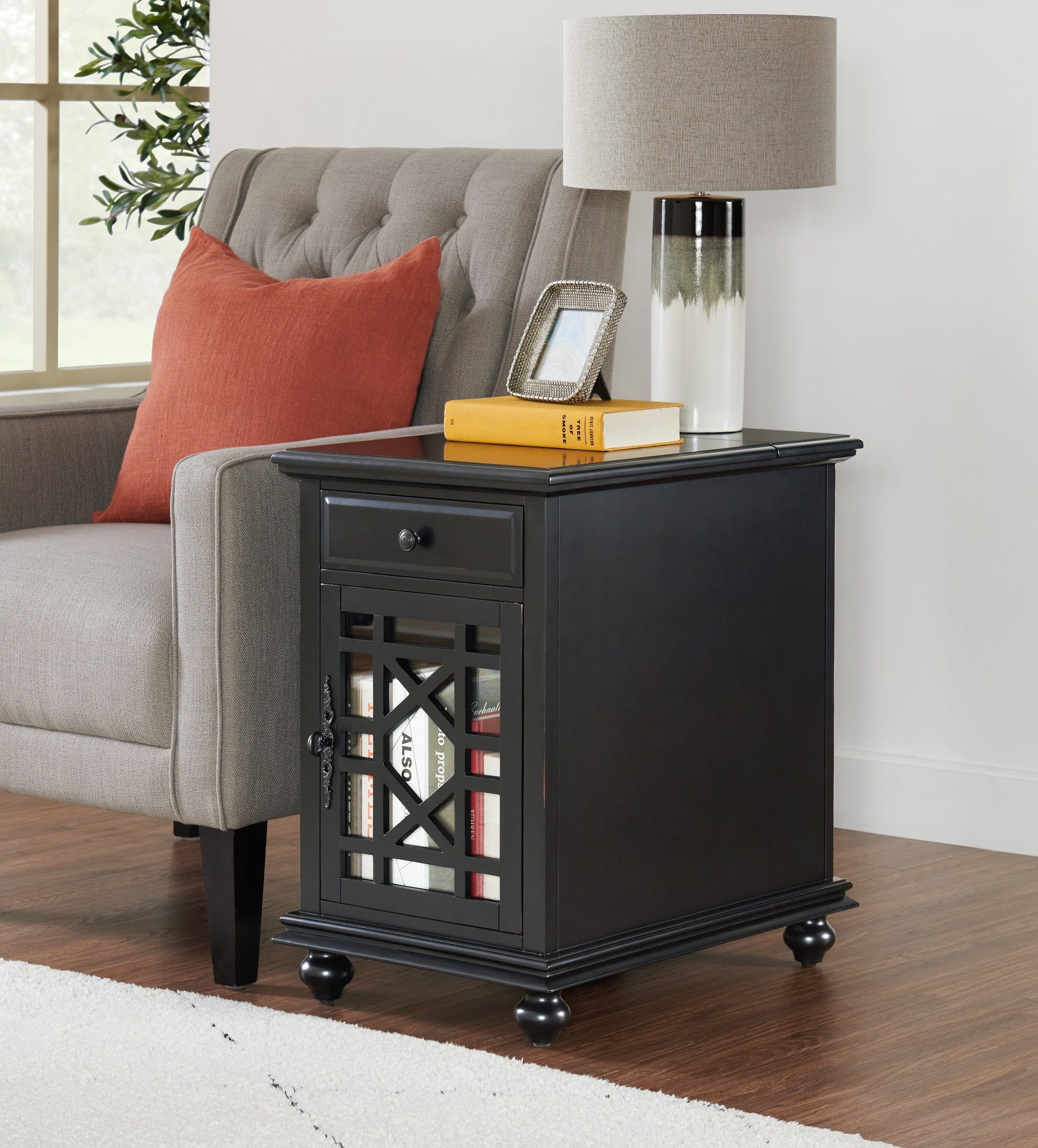 Antique Black Pine and MDF Chairside Table with Storage