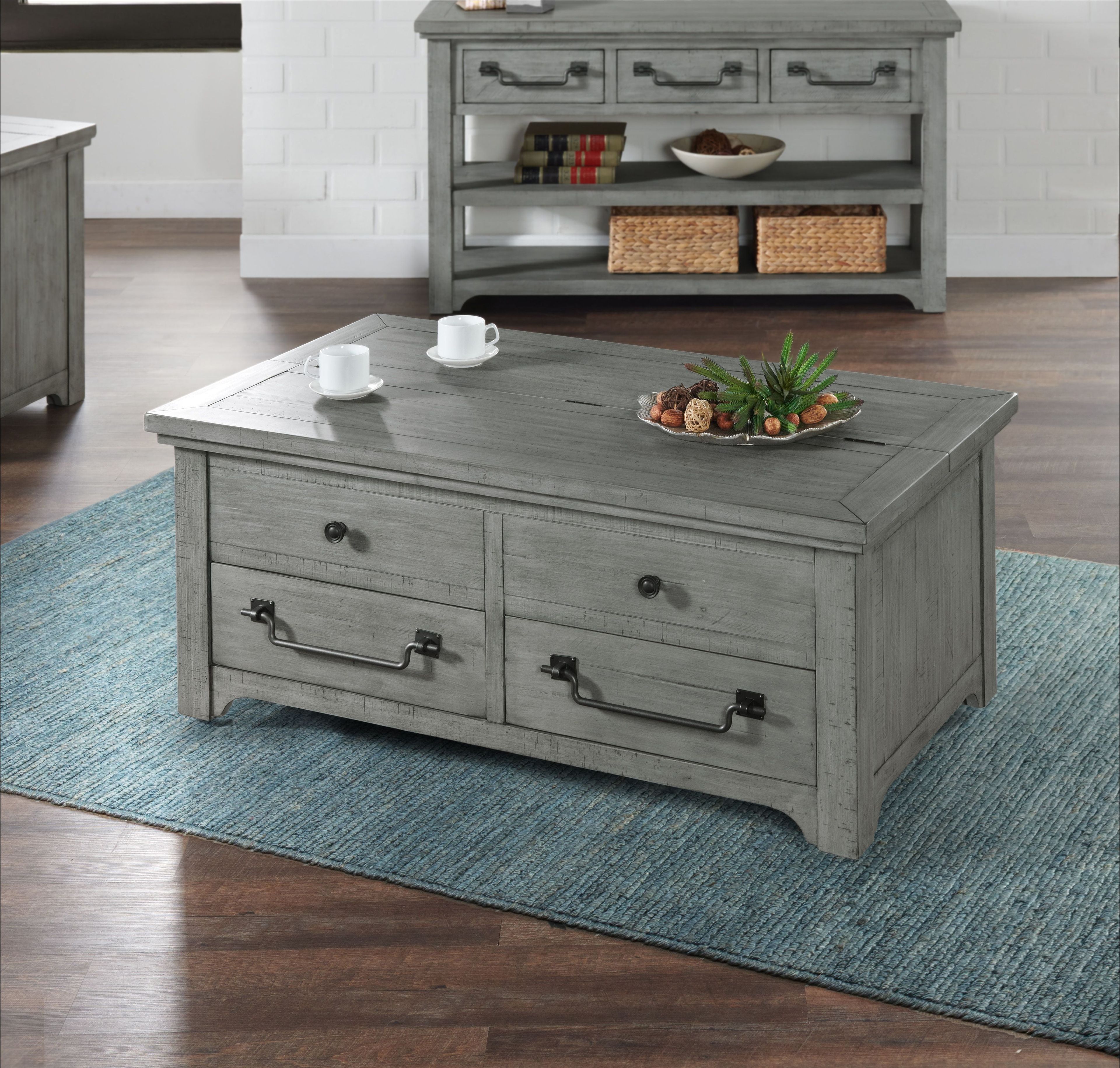 Dove Grey Solid Pine Lift-Top Trunk Coffee Table with Storage