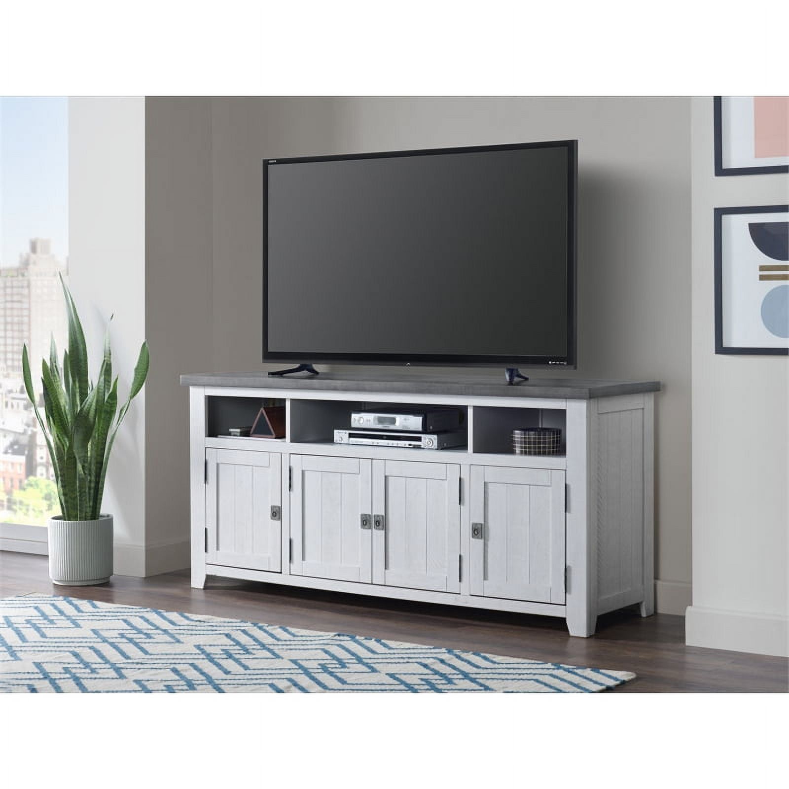 Rustic Farmhouse 65" Solid Pine TV Stand with Cabinet, White Stain and Grey