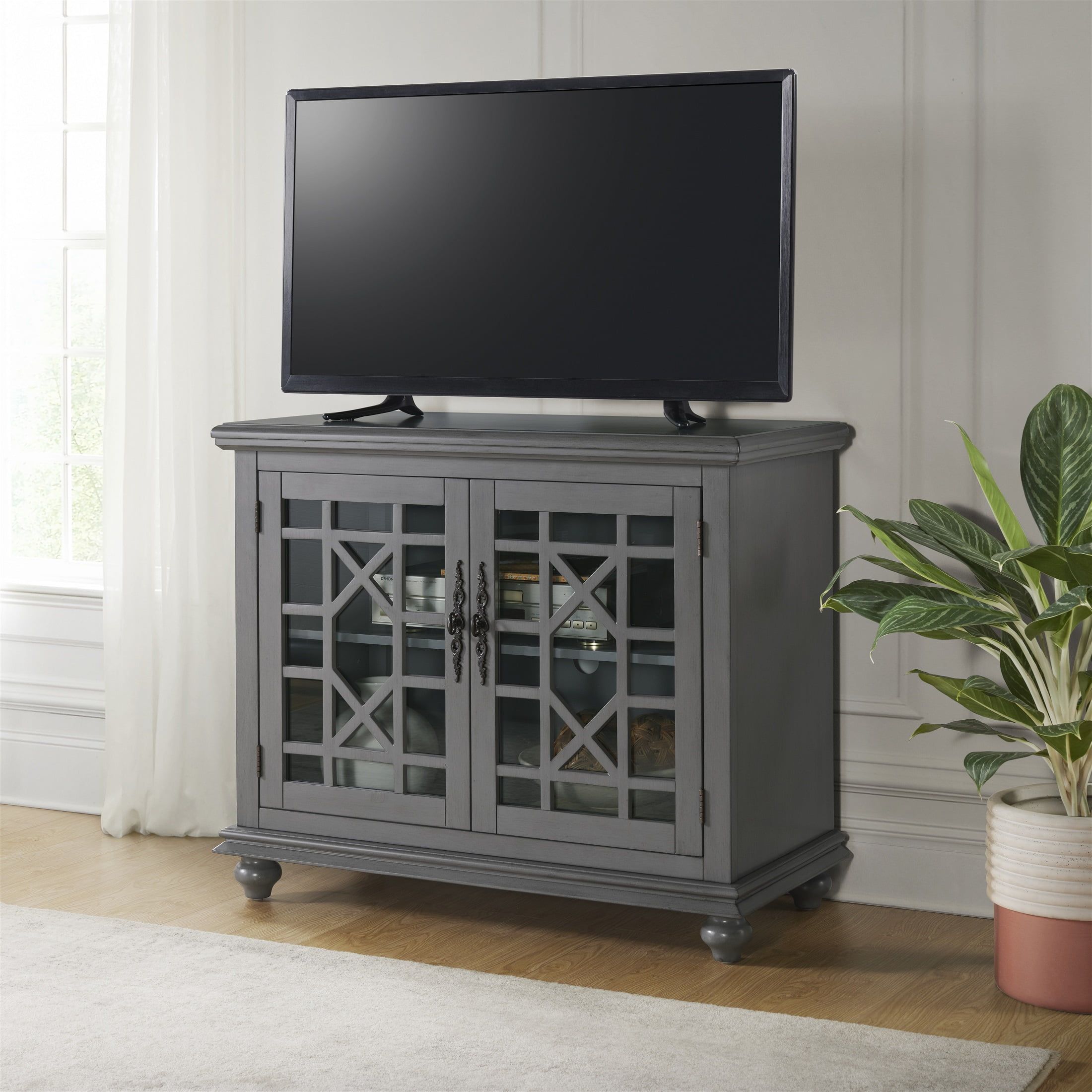 Parisian Antique Gray TV Stand with Trellis Glass Doors