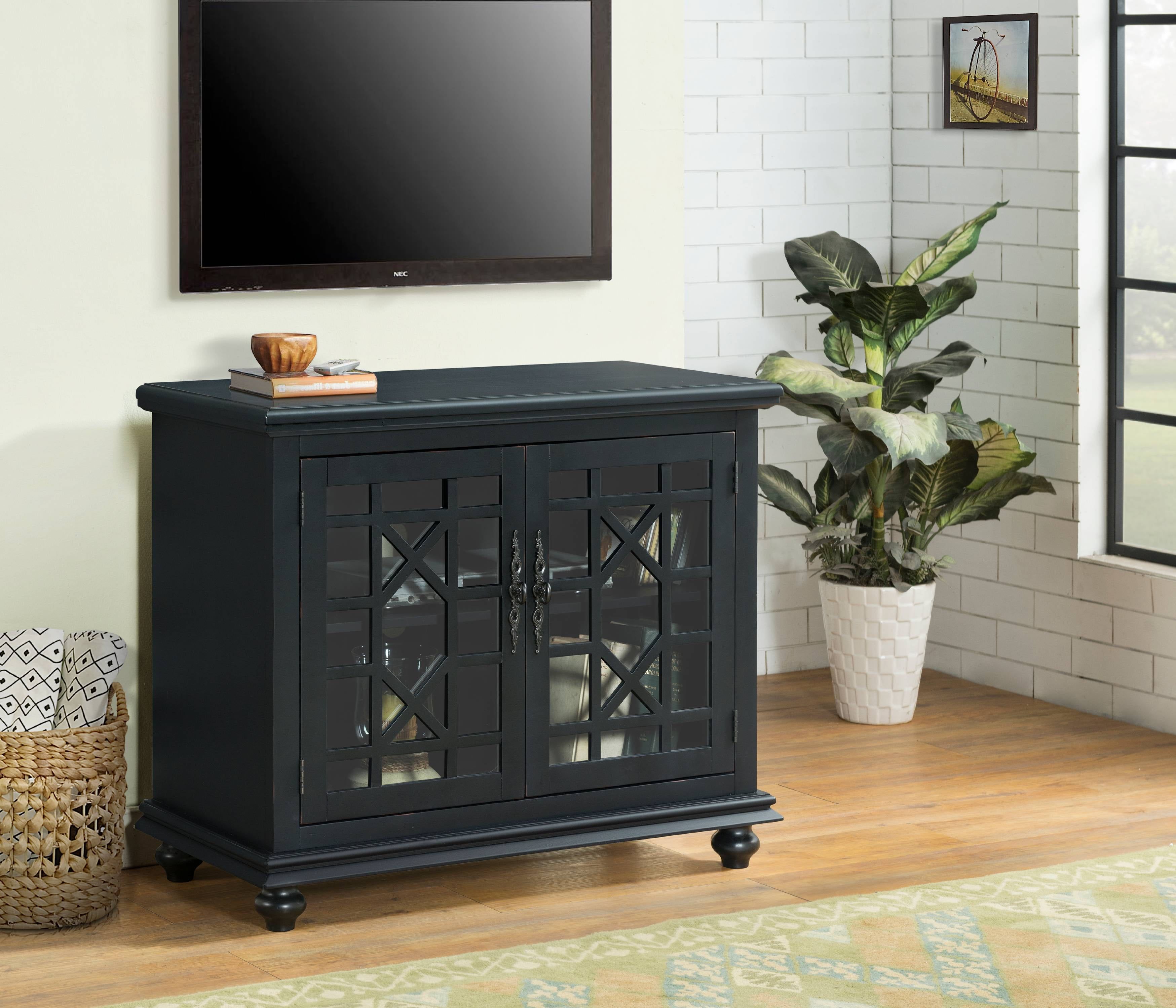Elegant Antique Black TV Stand with Trellis Glass Doors