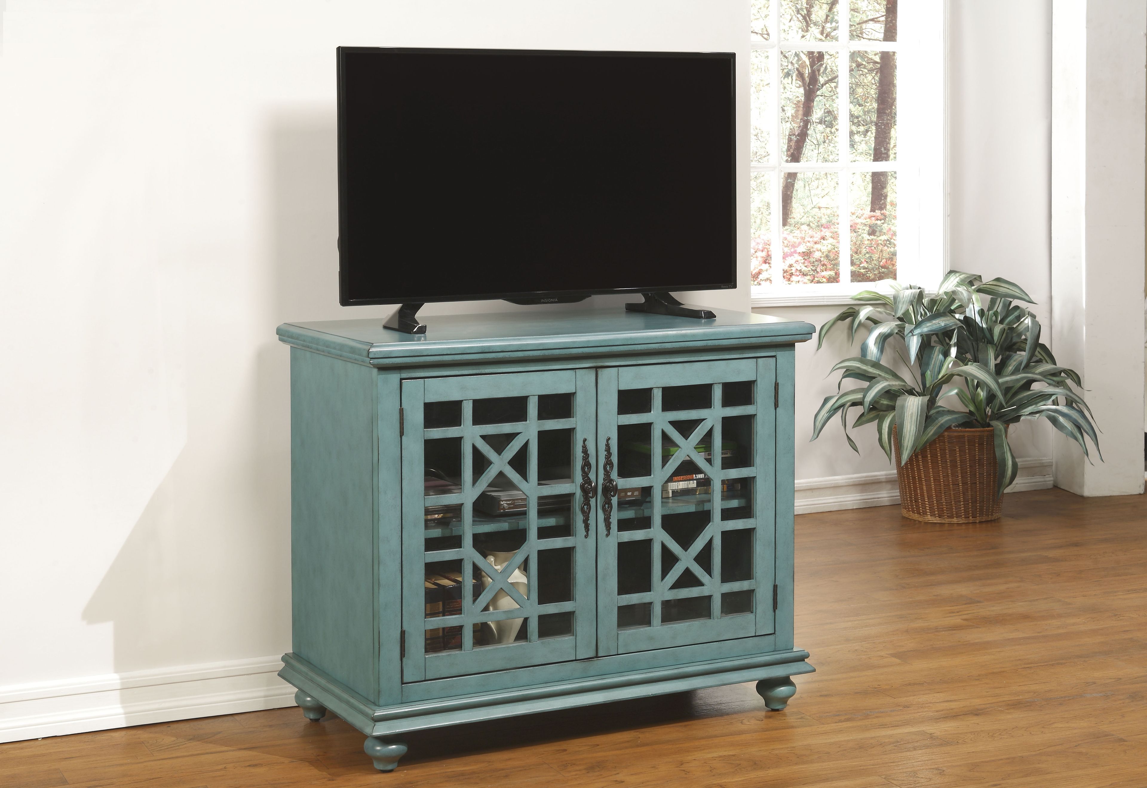 Parisian Antique Teal TV Stand with Trellis Glass Doors