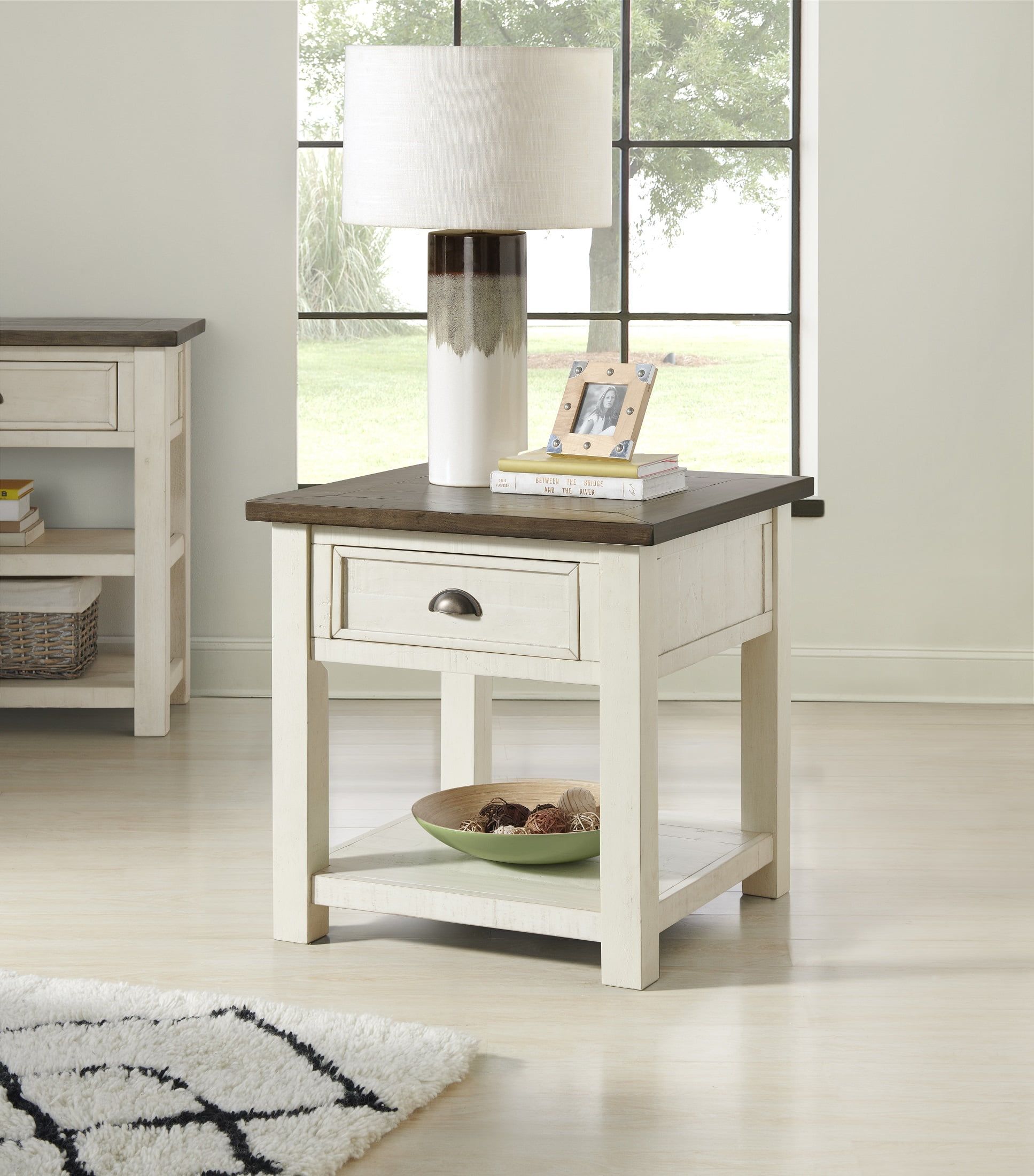 Monterey Coastal Cream White and Brown Pine End Table with Storage