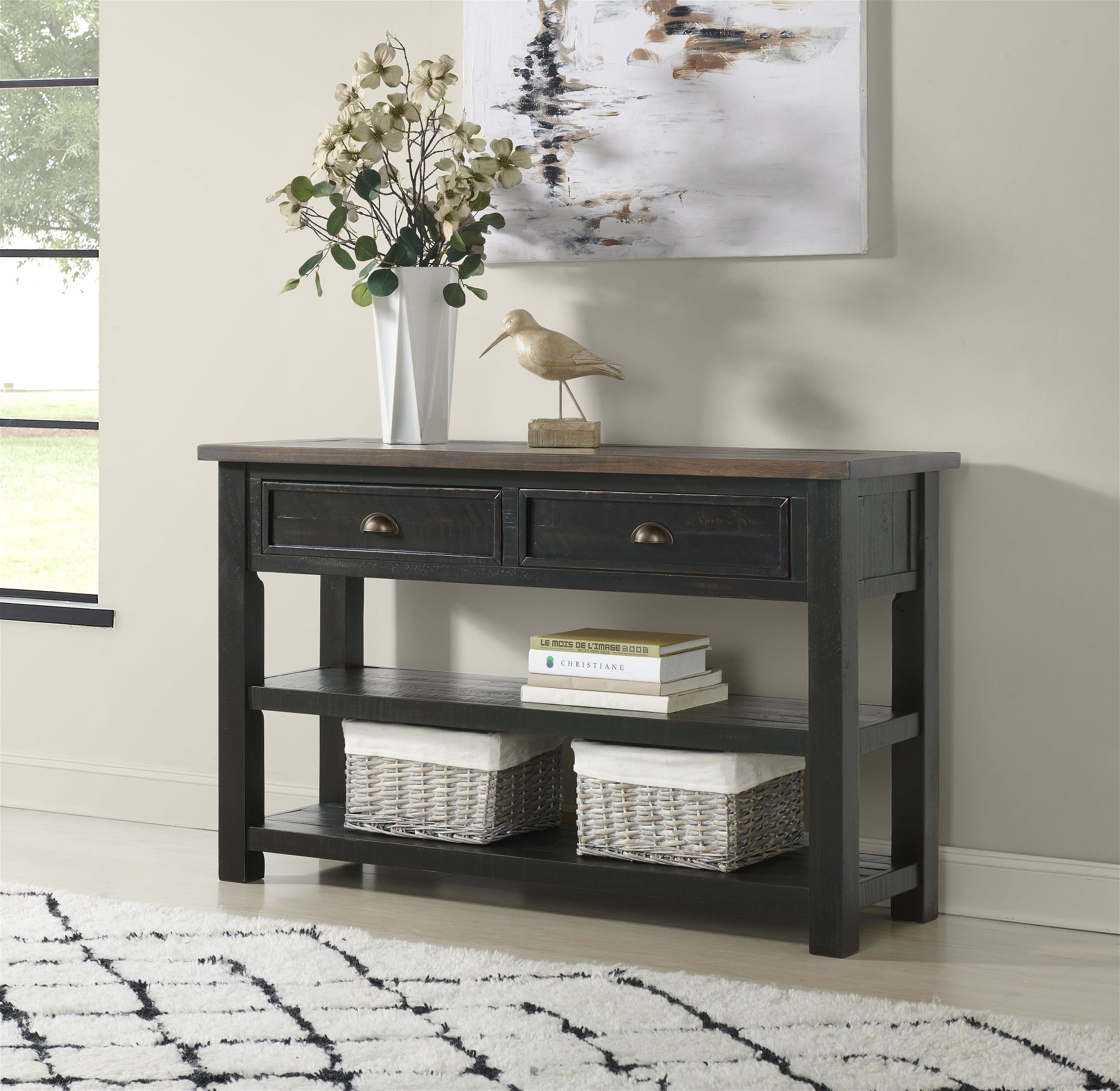 Monterey Black and Brown Pine Console Table with Storage