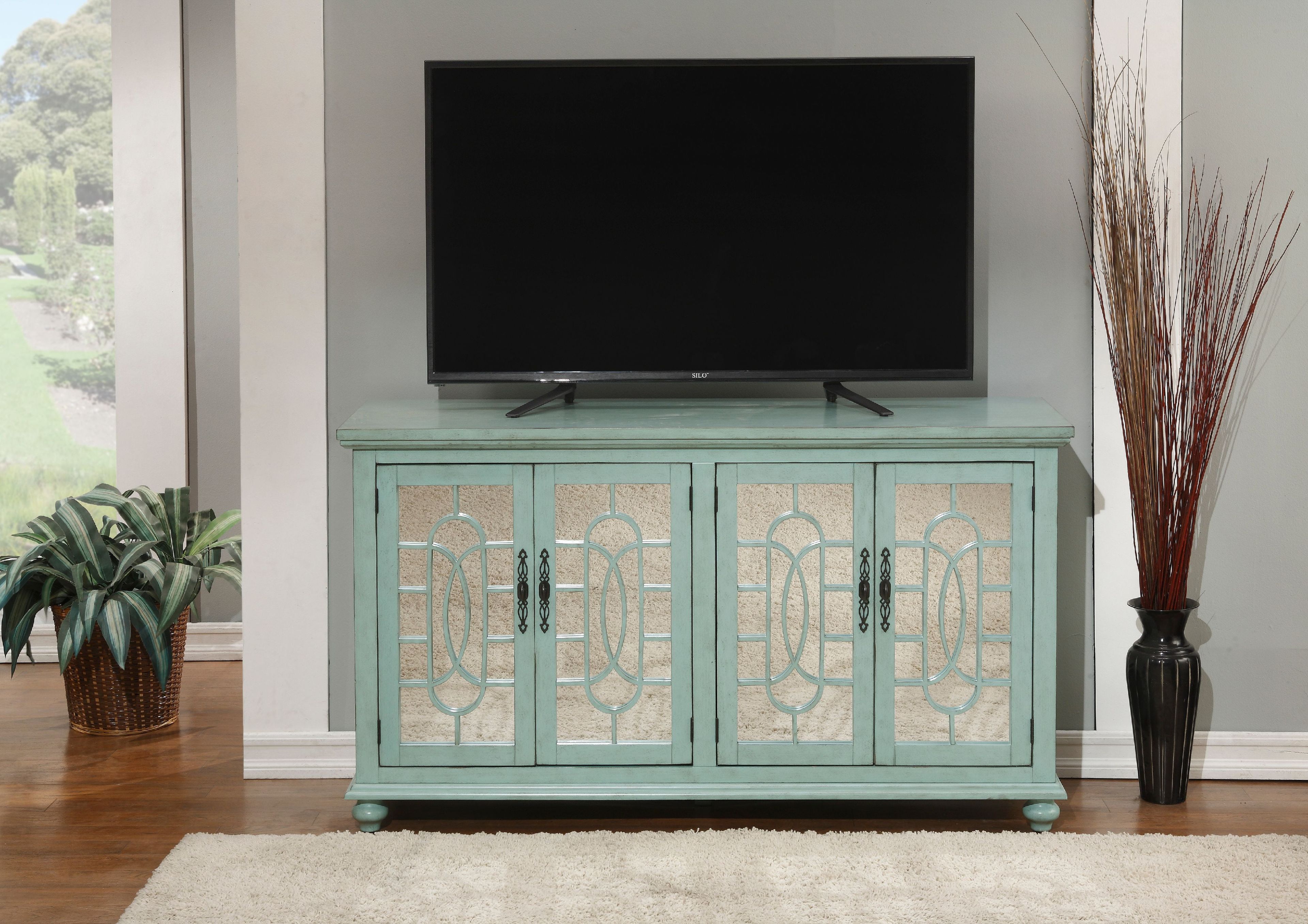 Elegant Mint Trellis 63" Transitional TV Stand with Cabinet Storage