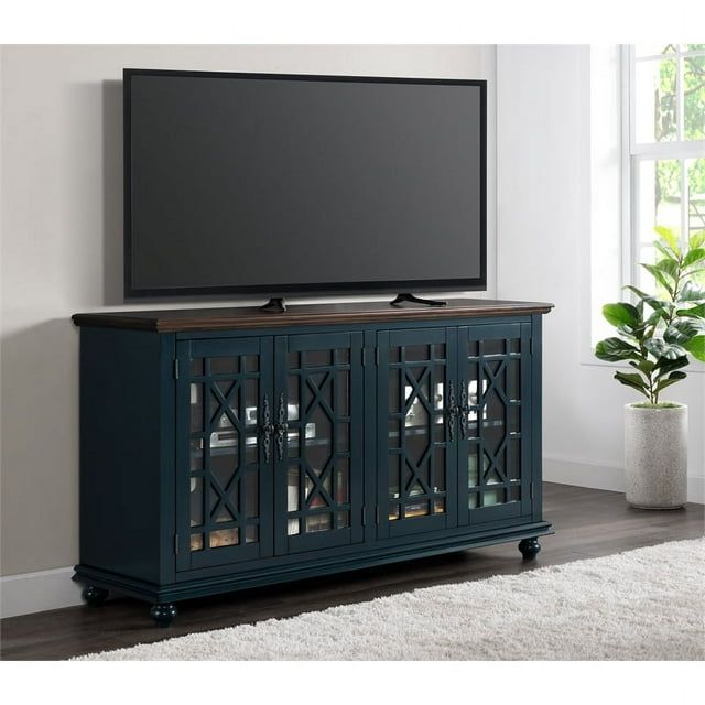 Antique Blue and Walnut 63" TV Stand with Cabinets