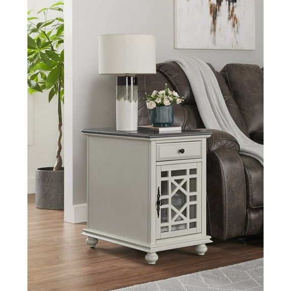 White and Gray Rectangular Wood Chairside Table with Storage
