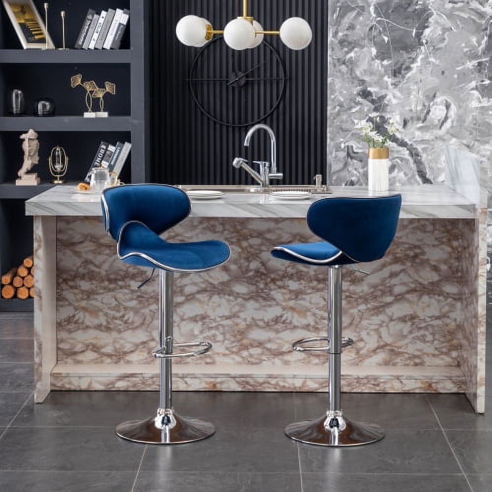 Adjustable Swivel Barstool in Plush Blue Velvet and Chrome