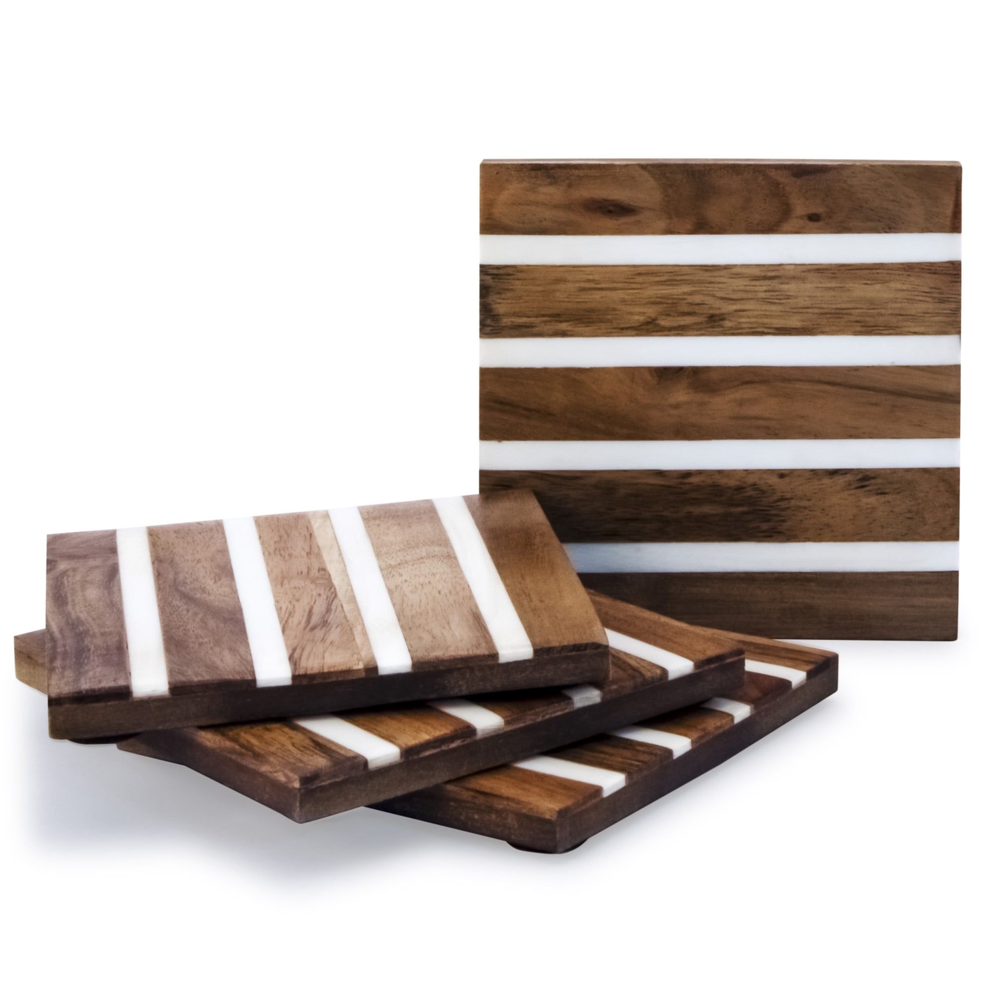 Square Diagonal Wood and White Resin Coasters - Set of 4