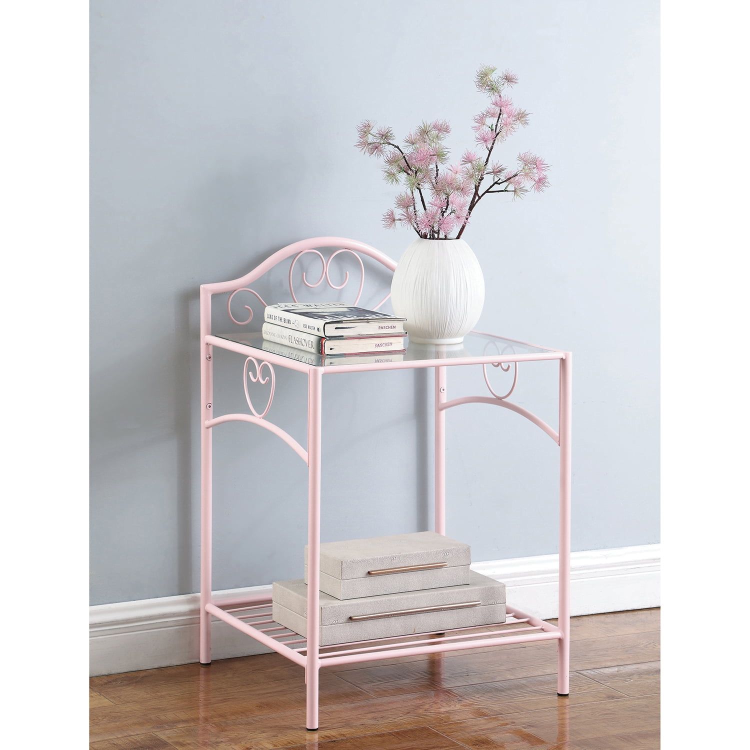 Powder Pink Glass Top 2-Drawer Nightstand