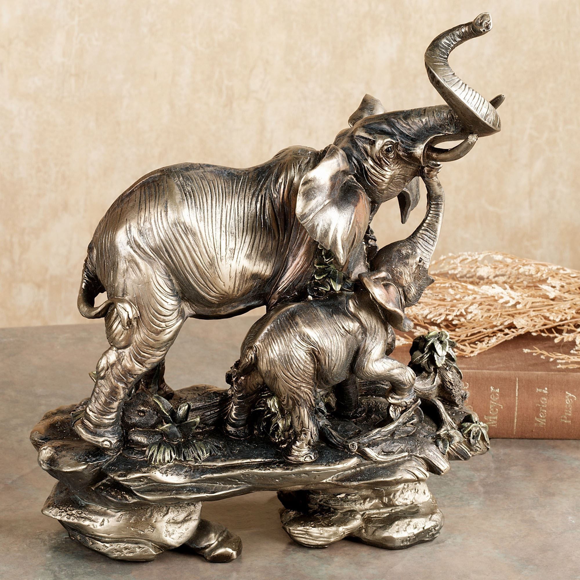 Antique Gold Resin Elephant Mother and Calf Sculpture