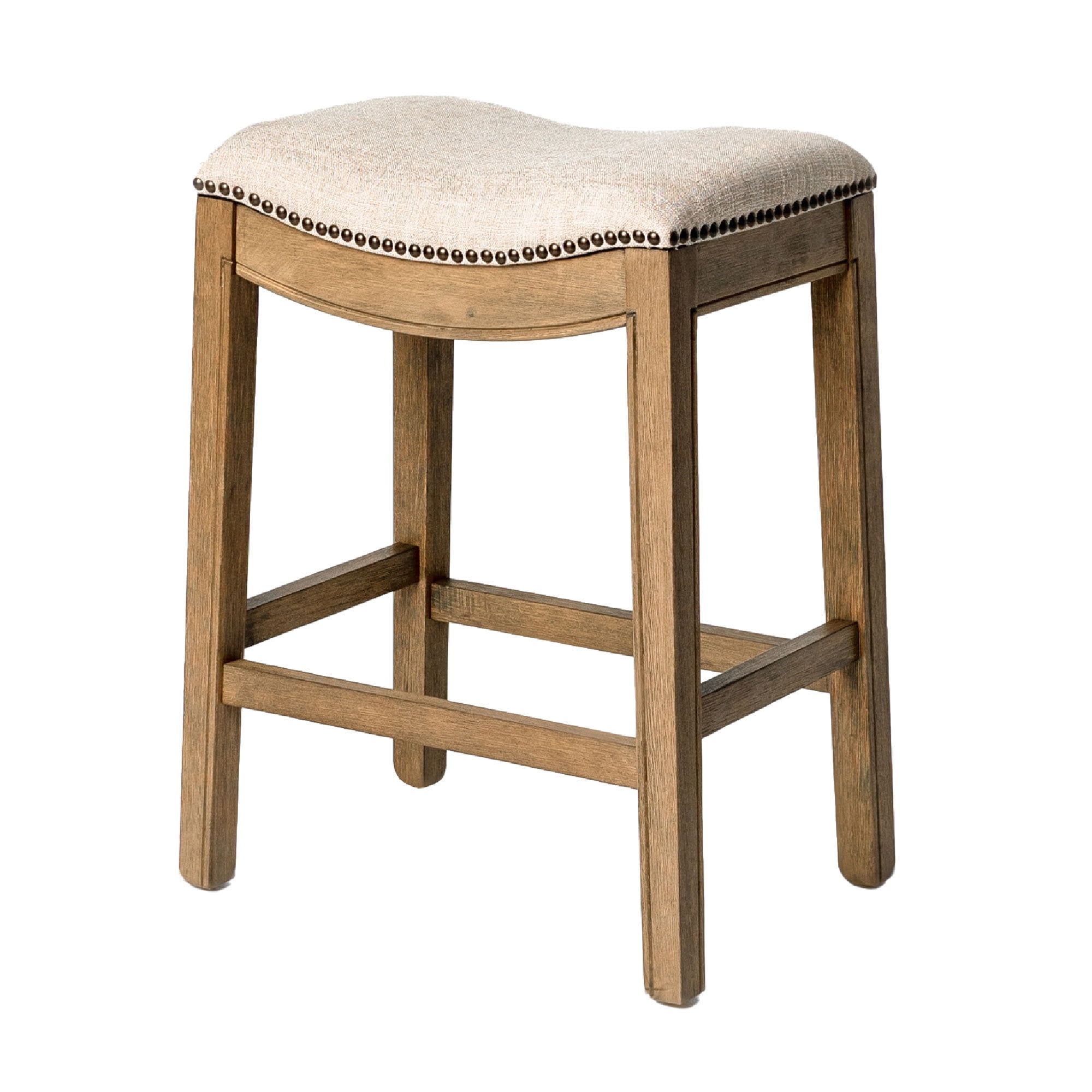 Natural Wood Backless Saddle Counter Stool with Cream Upholstery