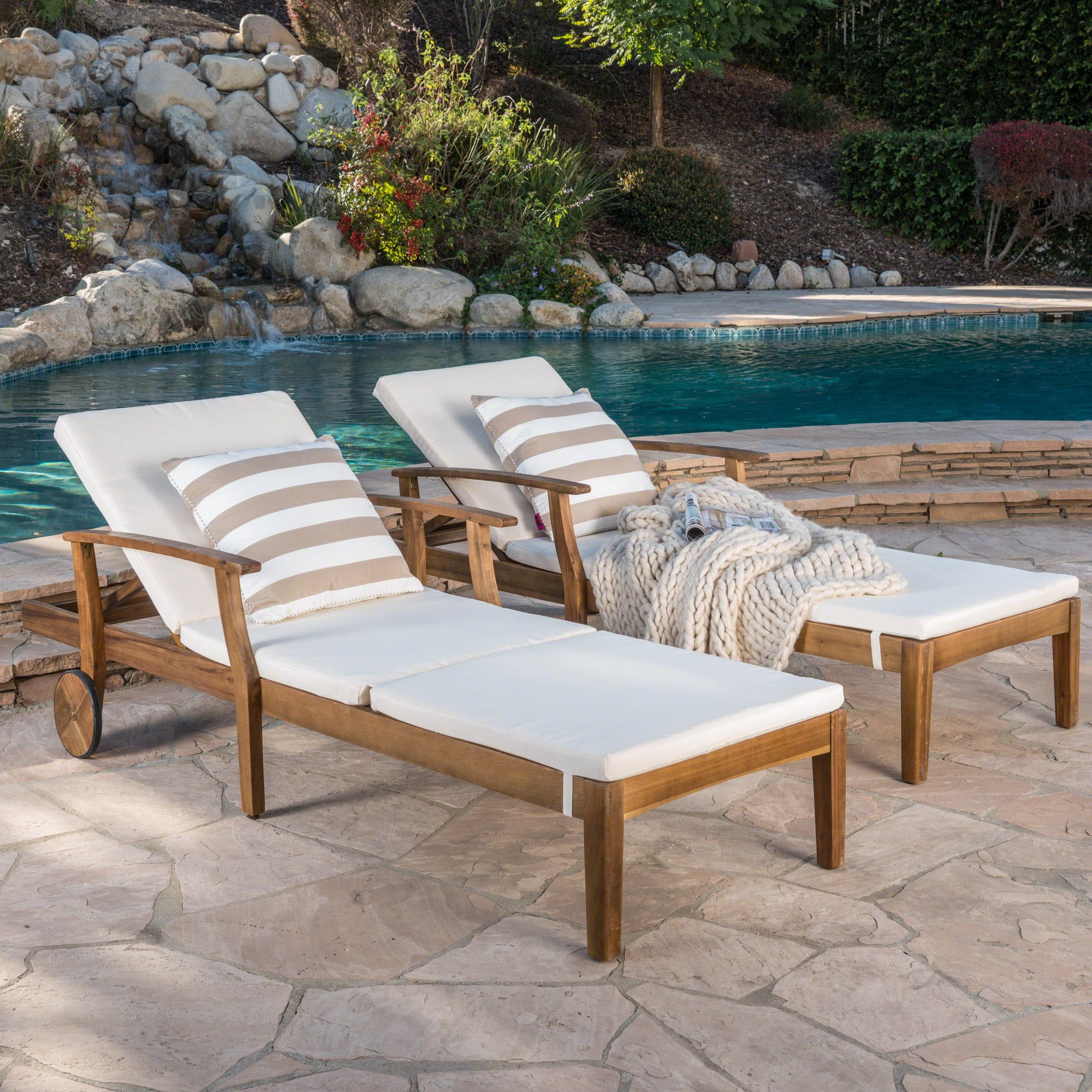 Teak Finish Acacia Wood Outdoor Chaise Lounge Set with Cream Cushions