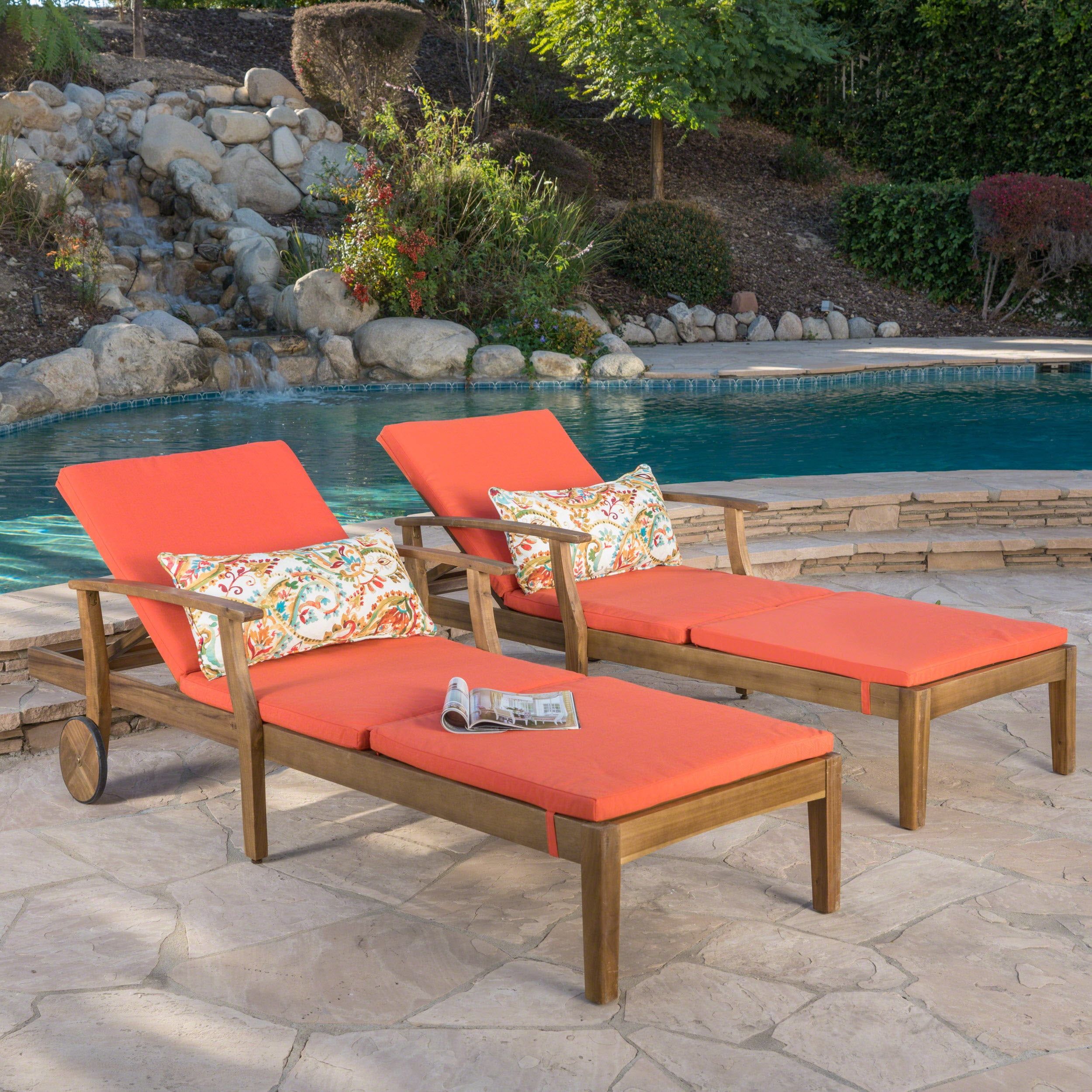 Teak Finish Outdoor Chaise Lounger Set with Orange Cushions