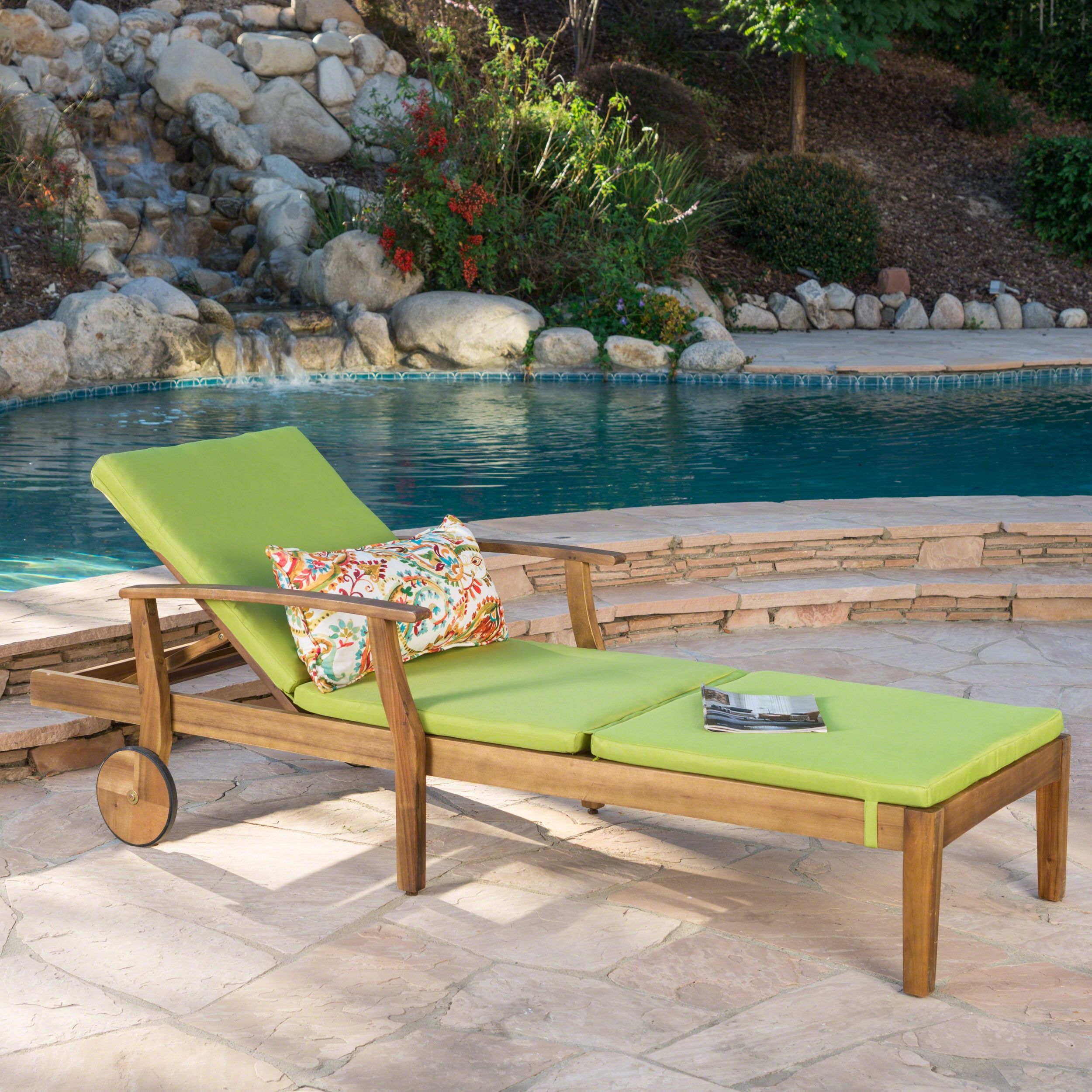 Teak Finish Acacia Wood Outdoor Chaise Lounge with Green Cushion