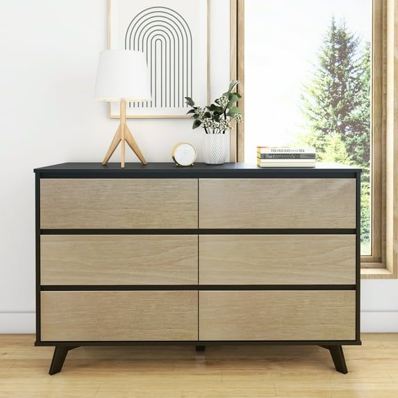 Scandinavian Black and Blonde Solid Wood 6 Drawer Dresser