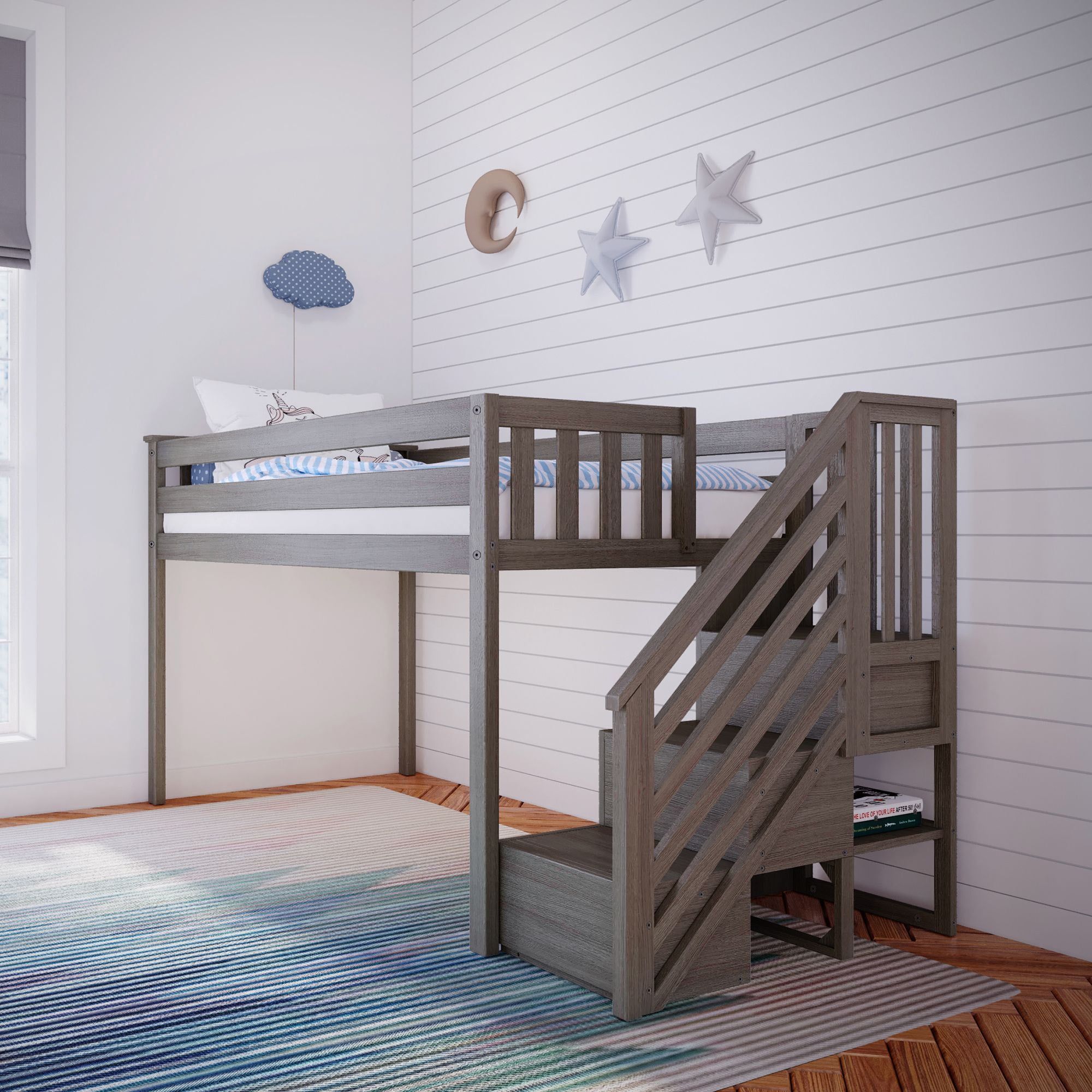 Clay Twin Low Loft Bed with Stairs and Storage