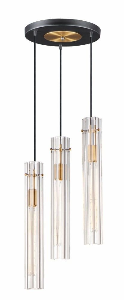 Elegant Flambeau 3-Light Chandelier in Black & Antique Brass with Crackle Glass