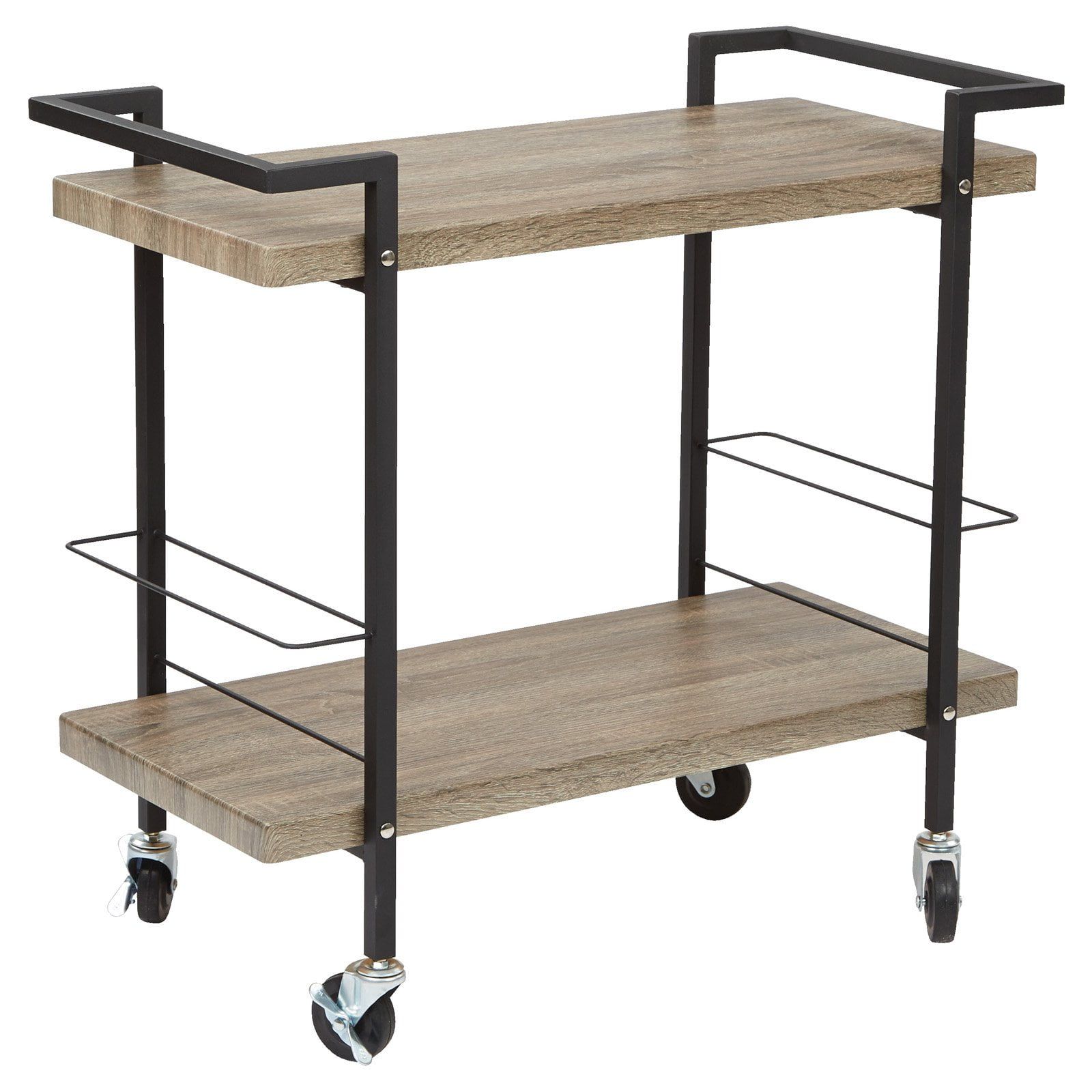 Ash Brown Wood and Black Steel Rolling Serving Cart with Storage