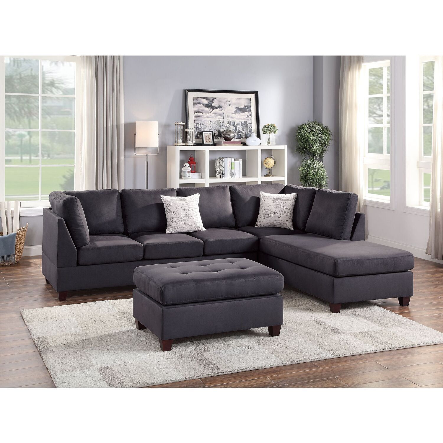 Ebony Faux Leather 3-Piece Sectional with Ottoman and Pillow Back