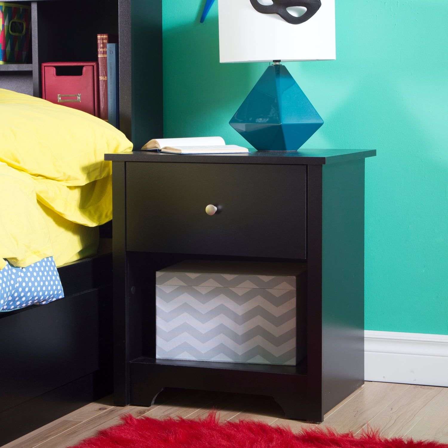 Black 1-Drawer Nightstand with Matte Nickel Handle