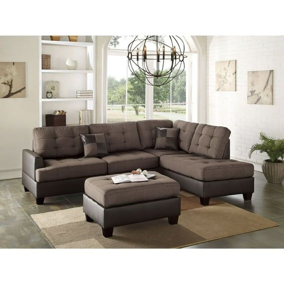 Chocolate Tufted Faux Leather Three Piece Sectional Sofa with Ottoman